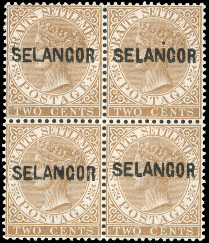 Malaya Selangor SG 5, 7 Mint 1881-82 2c brown block of 4 overprint types 7 and 5