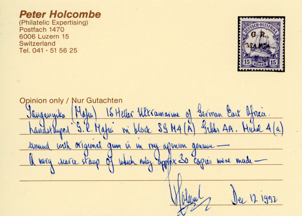 Tanganyika Mafia Island SG M4A Mint 1915 15h ultramarine overprint in black