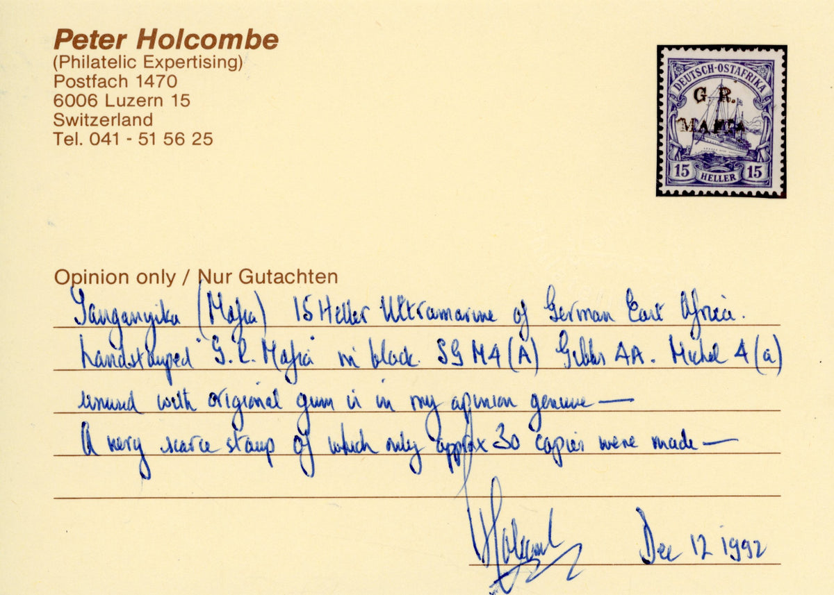 Tanganyika Mafia Island SG M4A Mint 1915 15h ultramarine overprint in black
