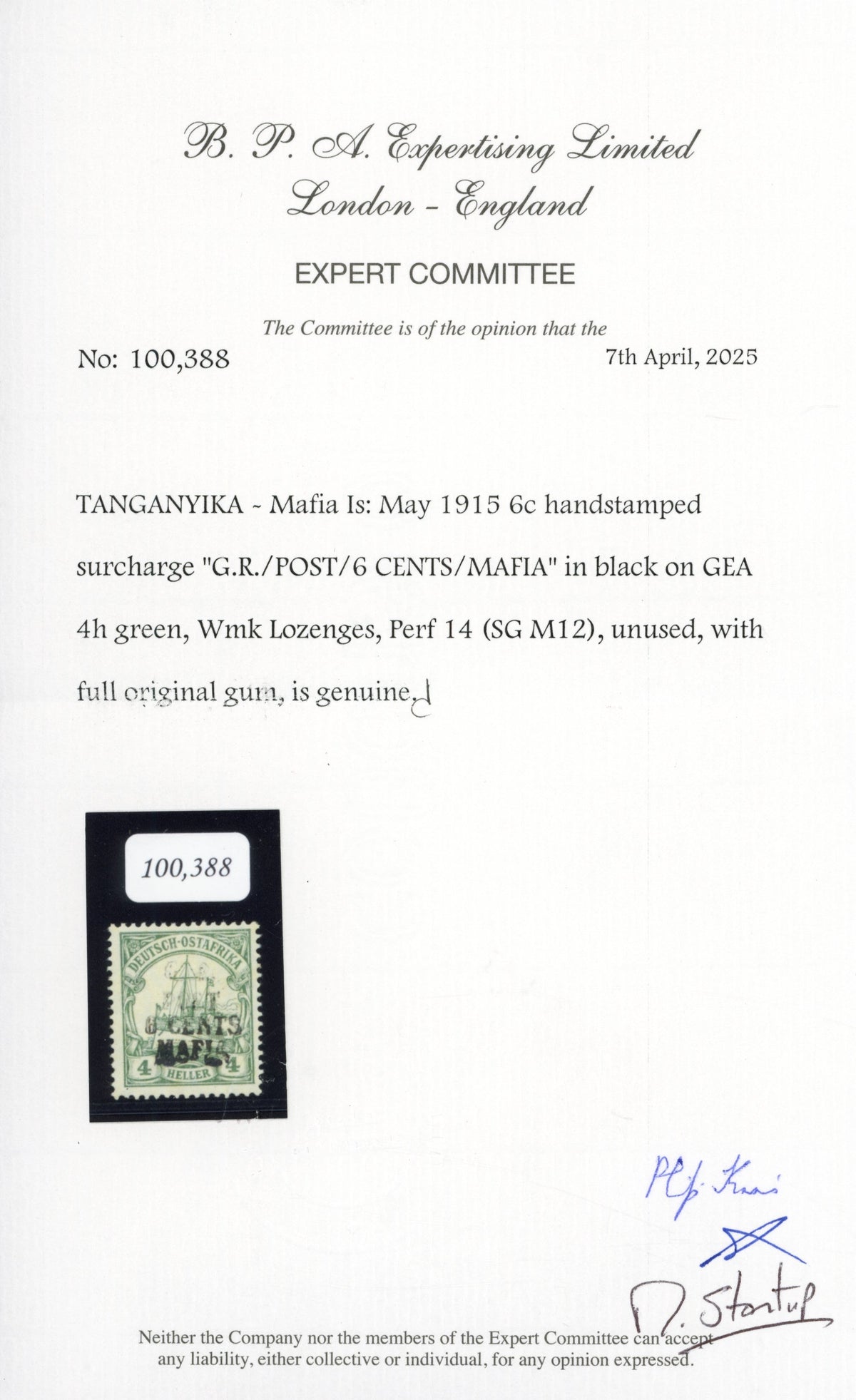 Tanganyika Mafia Island SG M12 Unmounted Mint 1915 6c on 4h green overprint in black