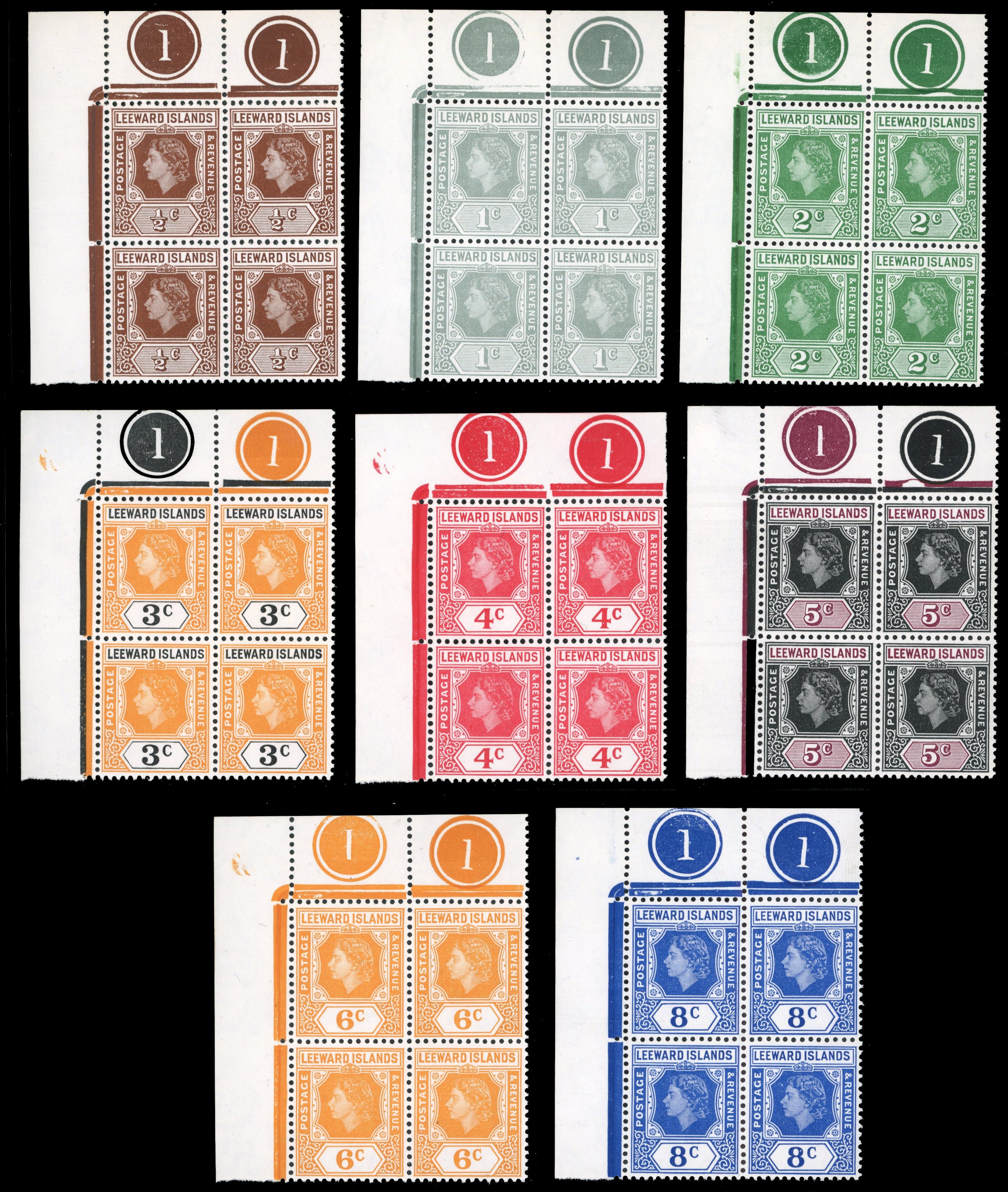 Leeward Islands SG 126/140 Mint 1954 set of 15 plate blocks including Loop flaws