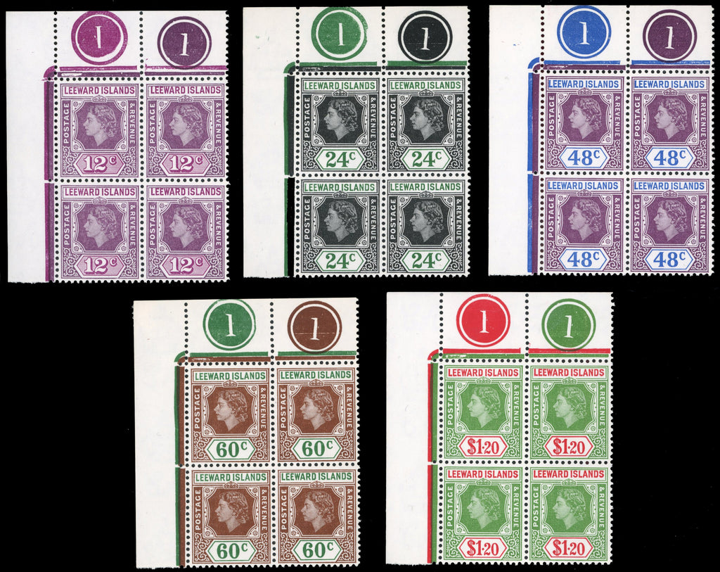 Leeward Islands SG 126/140 Mint 1954 set of 15 plate blocks including Loop flaws
