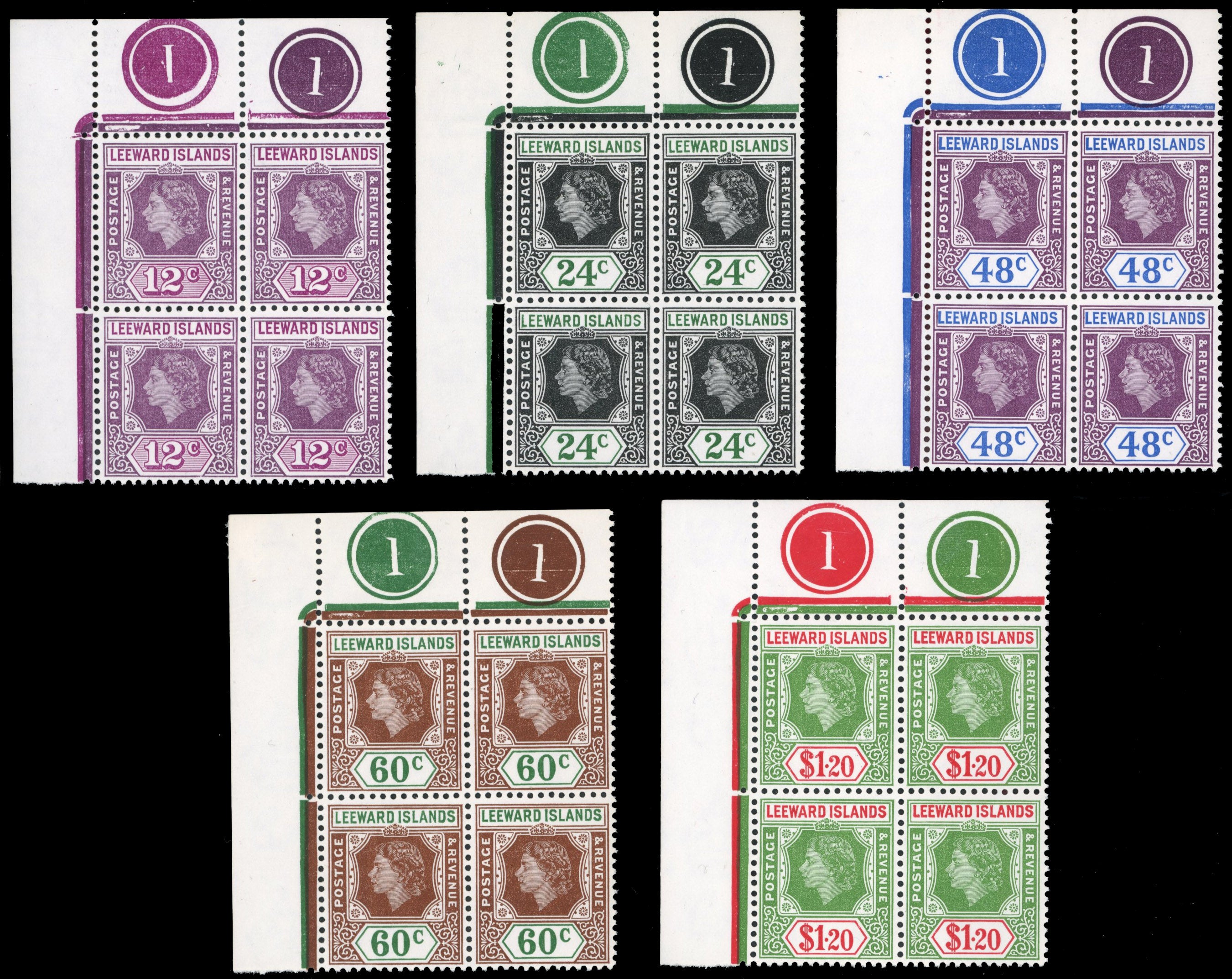 Leeward Islands SG 126/140 Mint 1954 set of 15 plate blocks including Loop flaws