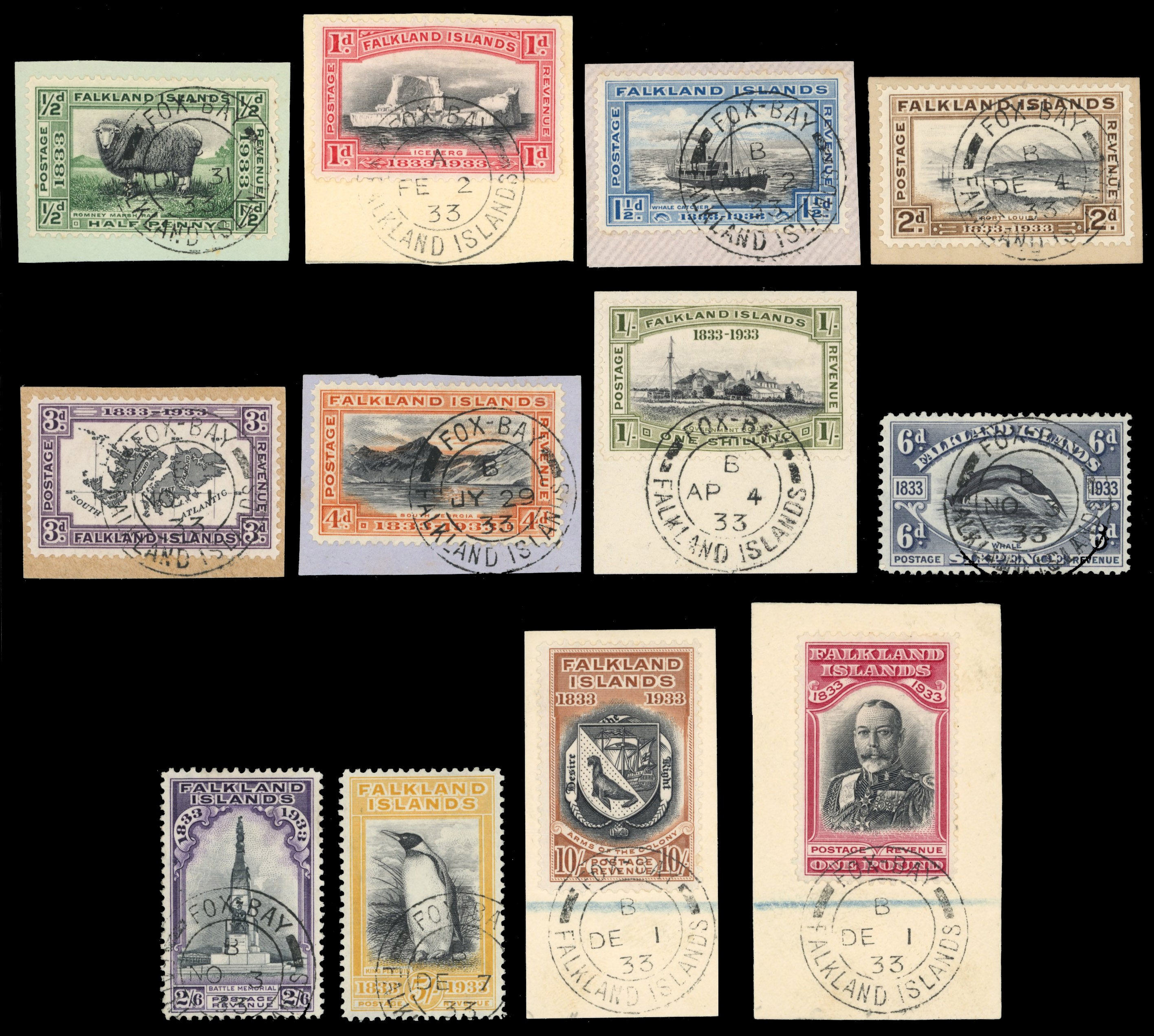 Falkland Islands SG 127/138 Used 1933 Centenary set of 12 with Fox Bay cancels