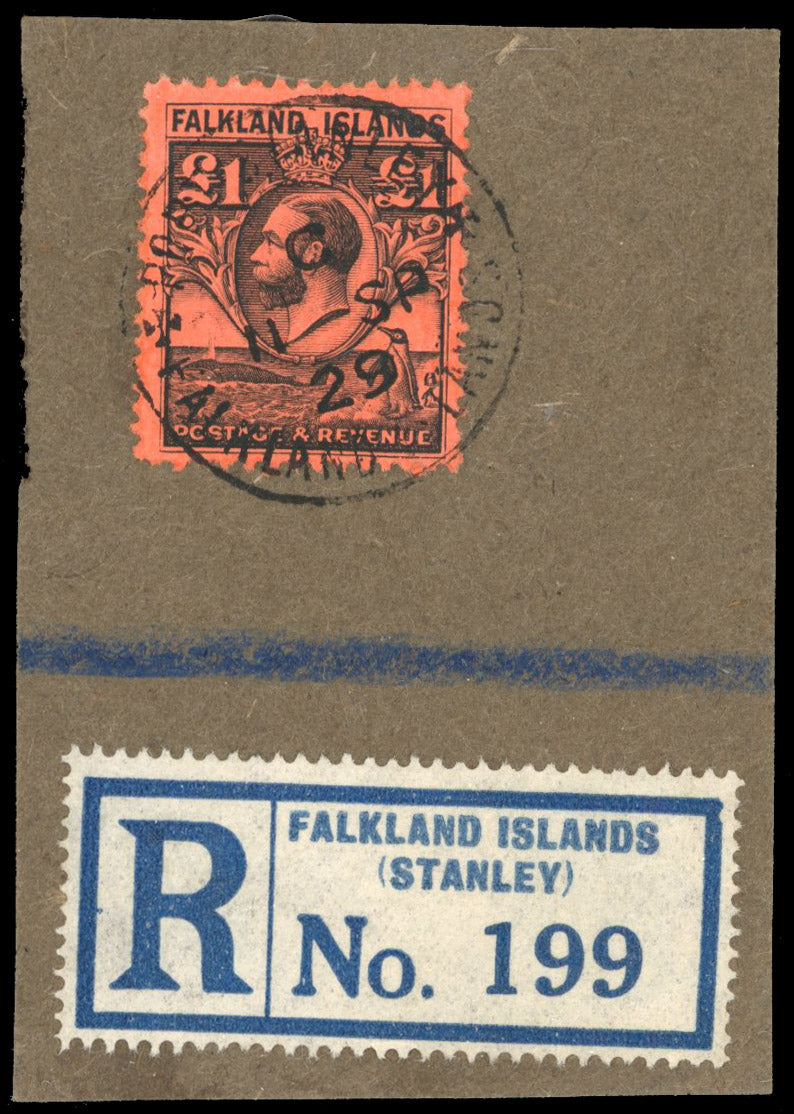 Falkland Islands SG 126 Used 1929-37 £1 Whale and Penguins £1 black on red