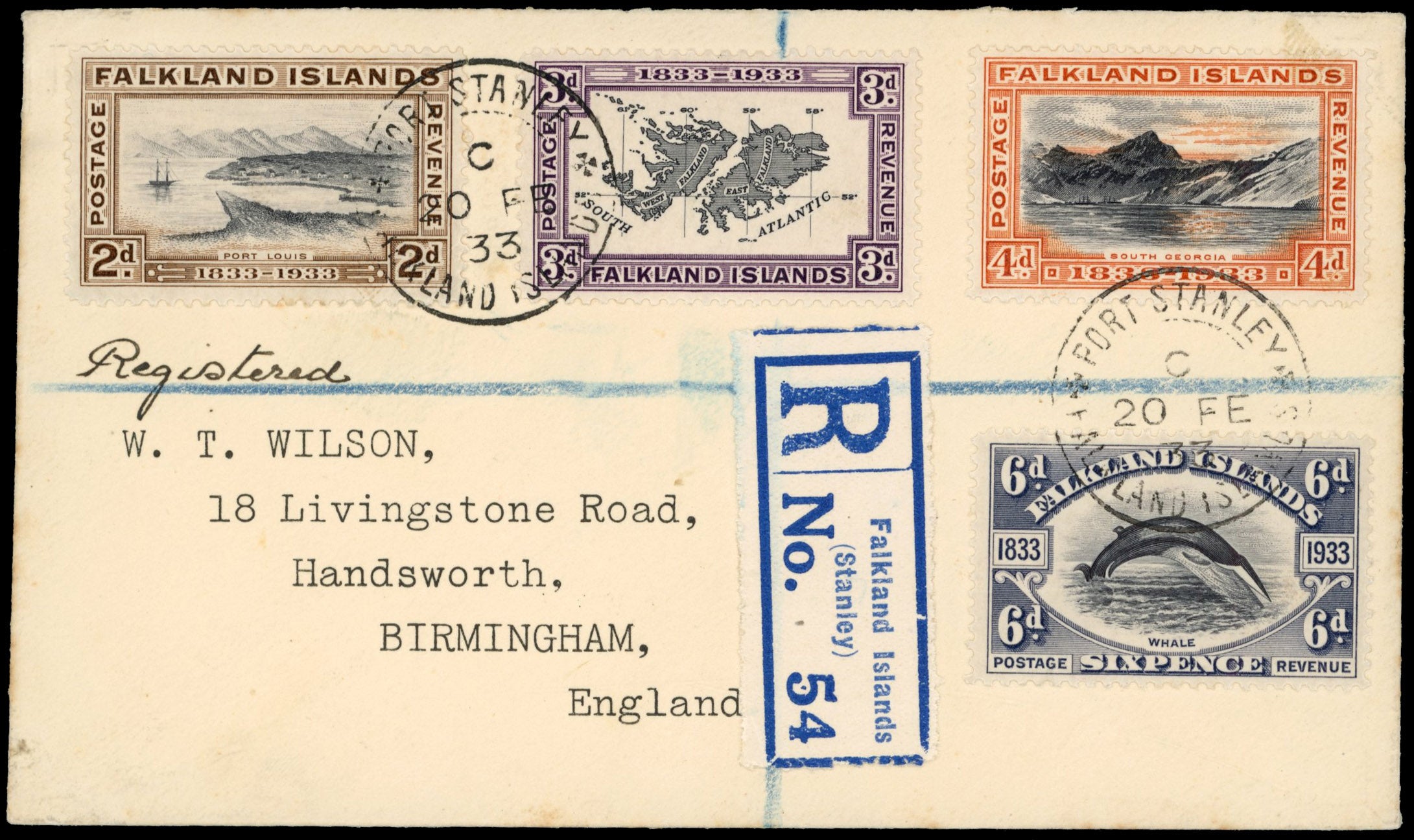 Falkland Islands SG 130/133 1933 registered cover to Birmingham with 1933 Centenary 2d to 1s