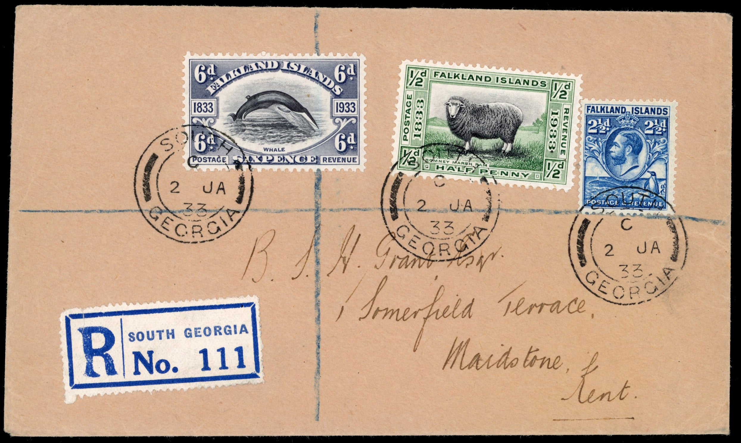 Falkland Islands Dependencies SG Z46, Z54, Z60 1933 registered cover from South Georgia to England