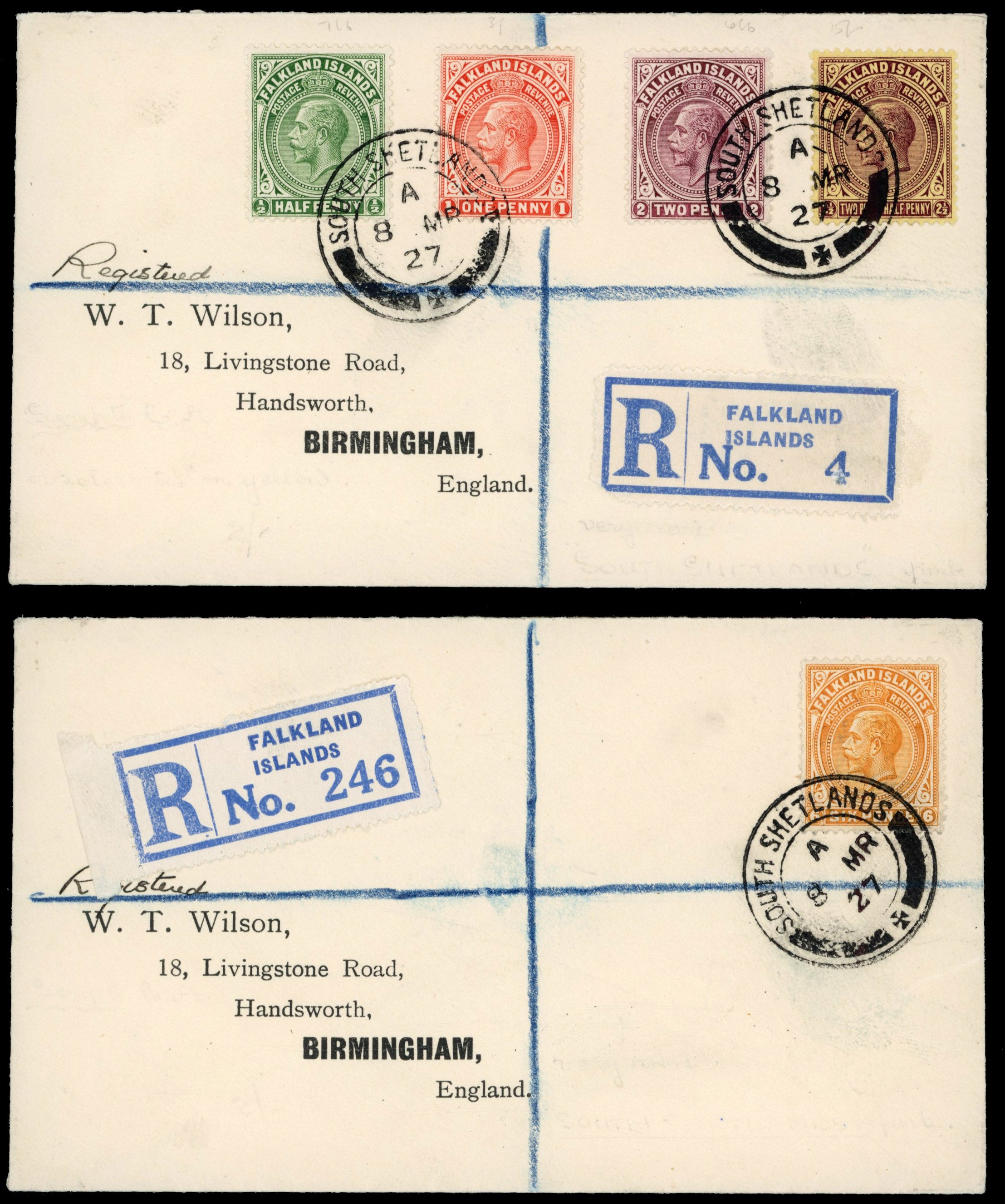 Falkland Islands Dependencies SG Z141/43, Z145/46 1927 registered covers from South Shetlands to Birmingham