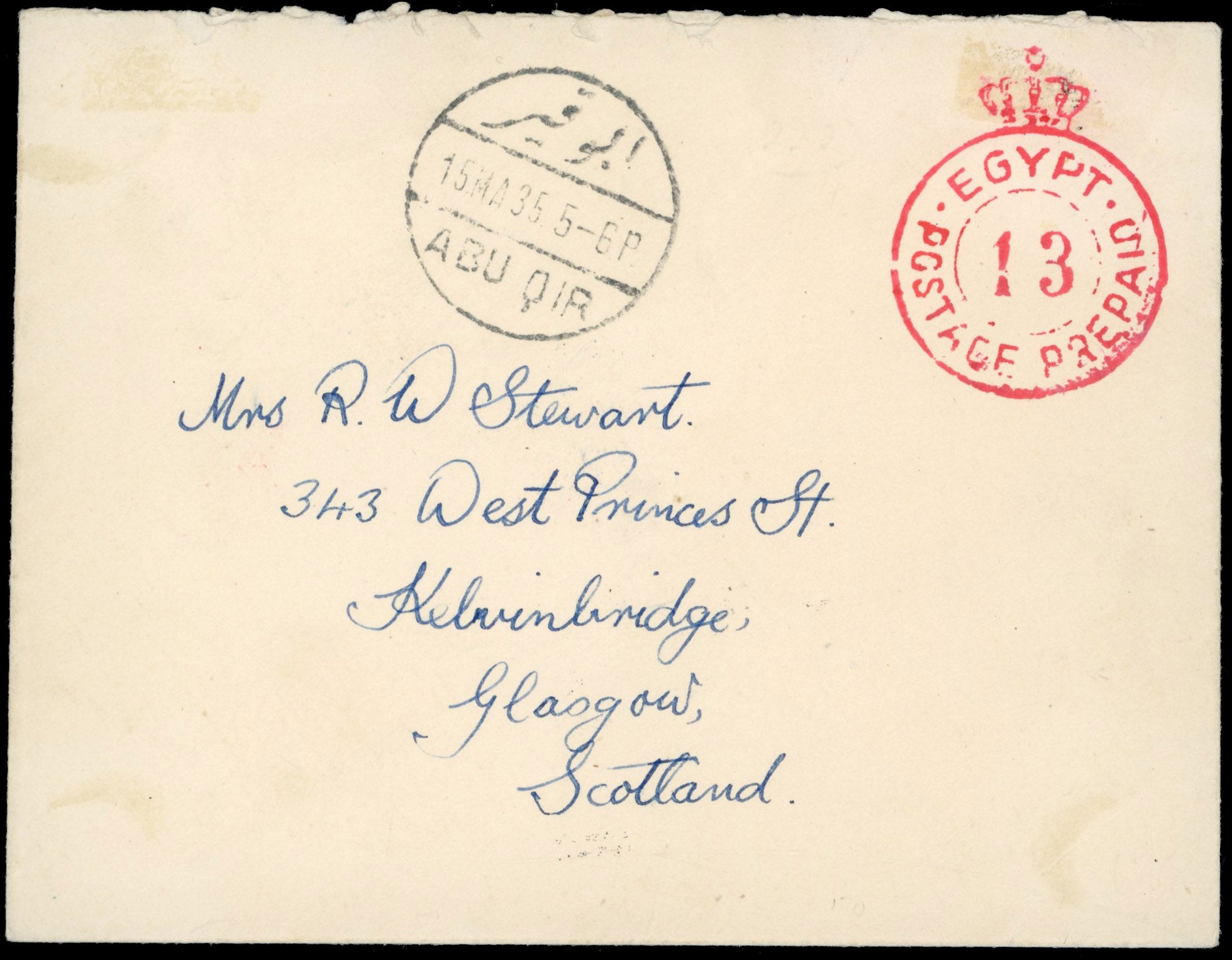 Egypt British Forces SG A10 1935 cover to Scotland with Silver Jubilee 1p