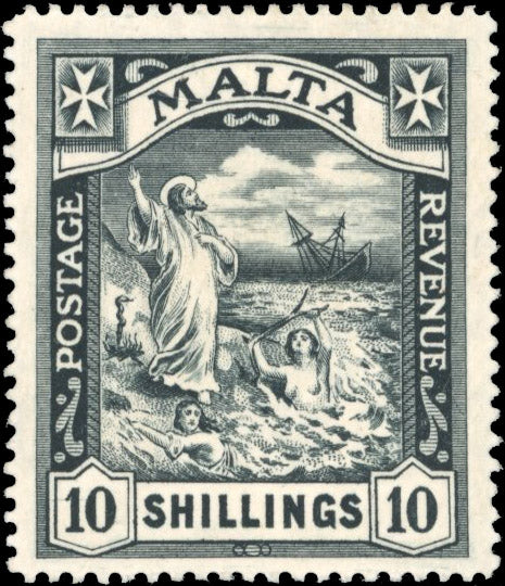 Malta SG 96 Mint 1919 10s black Shipwreck of St Paul watermark multiple Crown CA