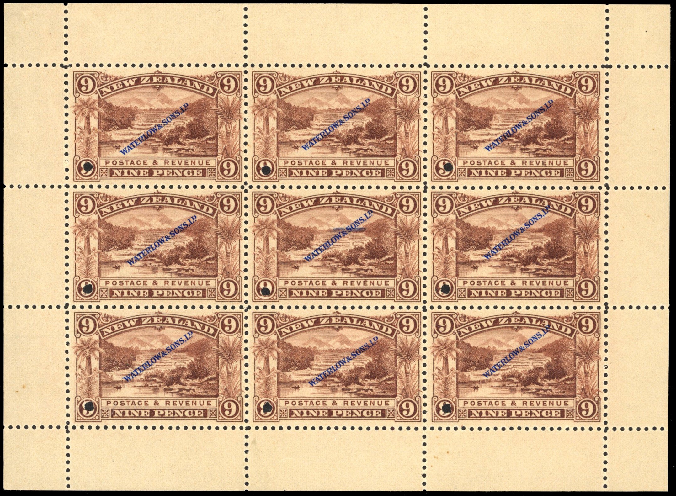 New Zealand SG 256 Proof 1898 9d printer's sample in purple-brown on buff complete sheet