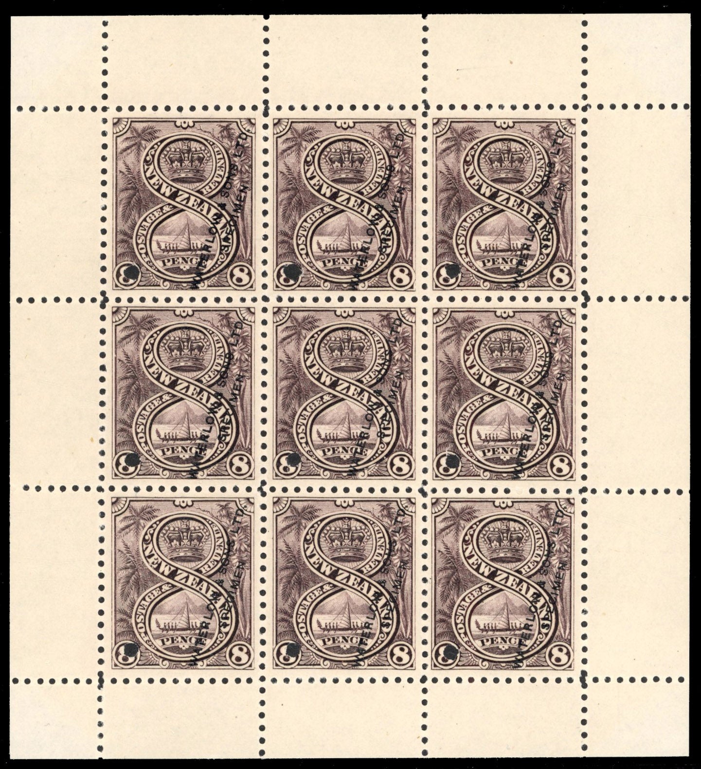 New Zealand SG 255 Proof 1898 8d printer's sample in purple-brown complete sheet