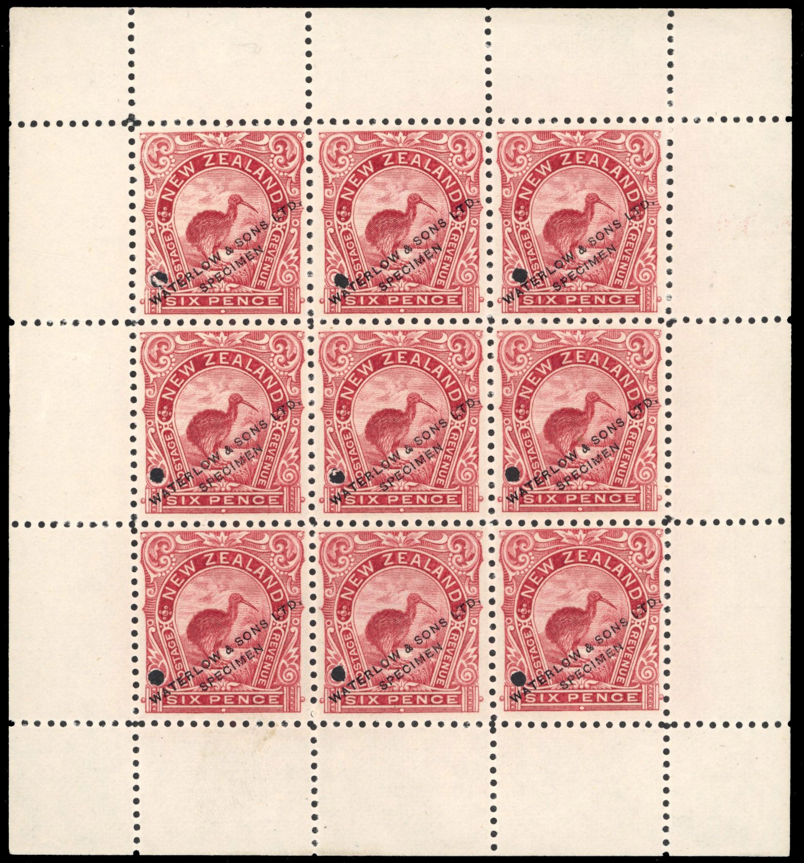 New Zealand SG 254 Proof 1898 6d Kiwi printer's sample in carmine complete sheet