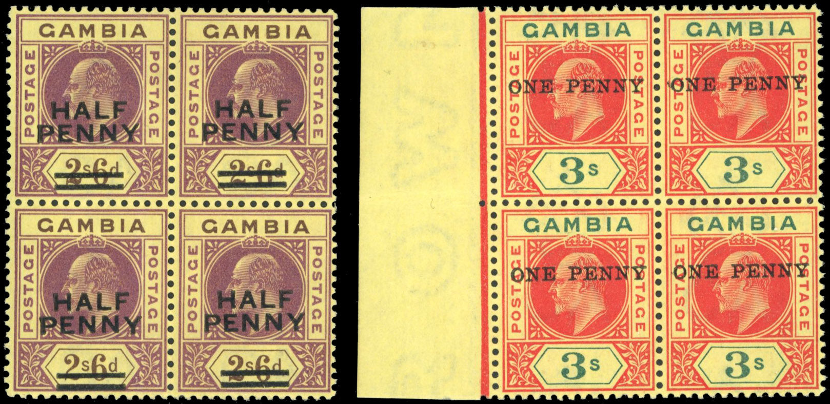 Gambia SG 69/70 Mint 1906 ½d on 2s6d, 1d on 3s blocks of 4