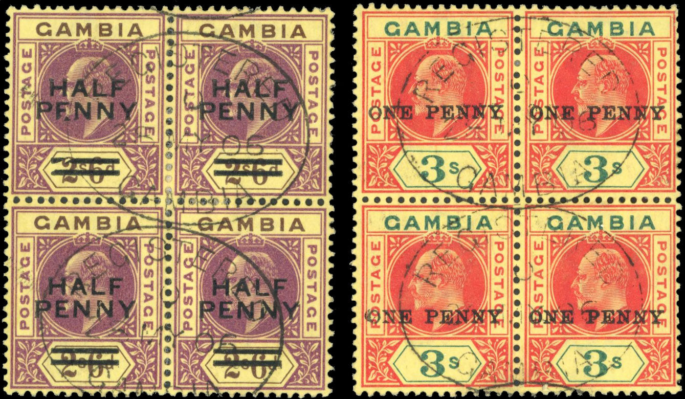 Gambia SG 69/70 Used 1906 ½d on 2s6d, 1d on 3s blocks of 4