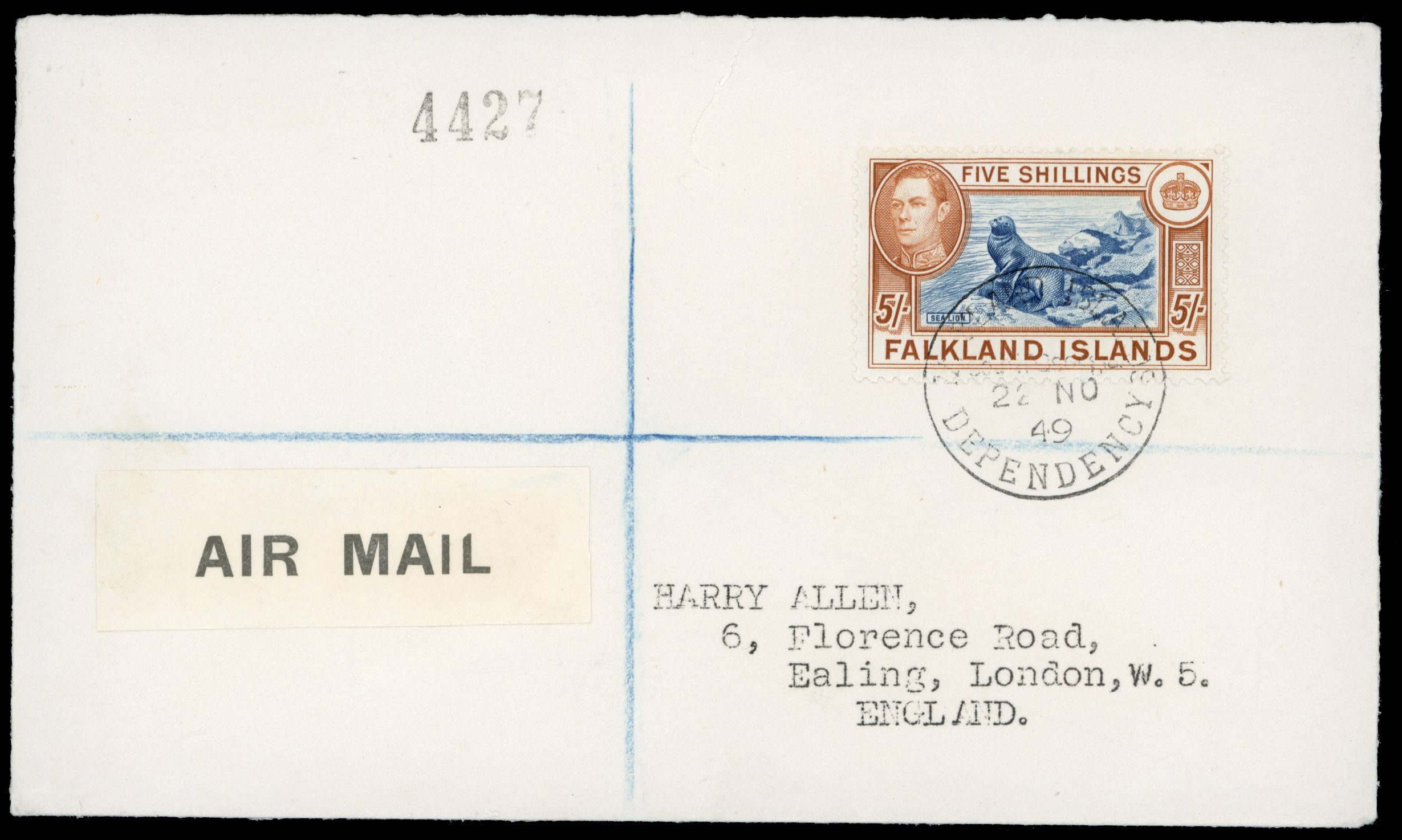 Falkland Islands Dependencies SG Z86b 1949 registered airmail cover to England with 1938-50 5s on greyish paper