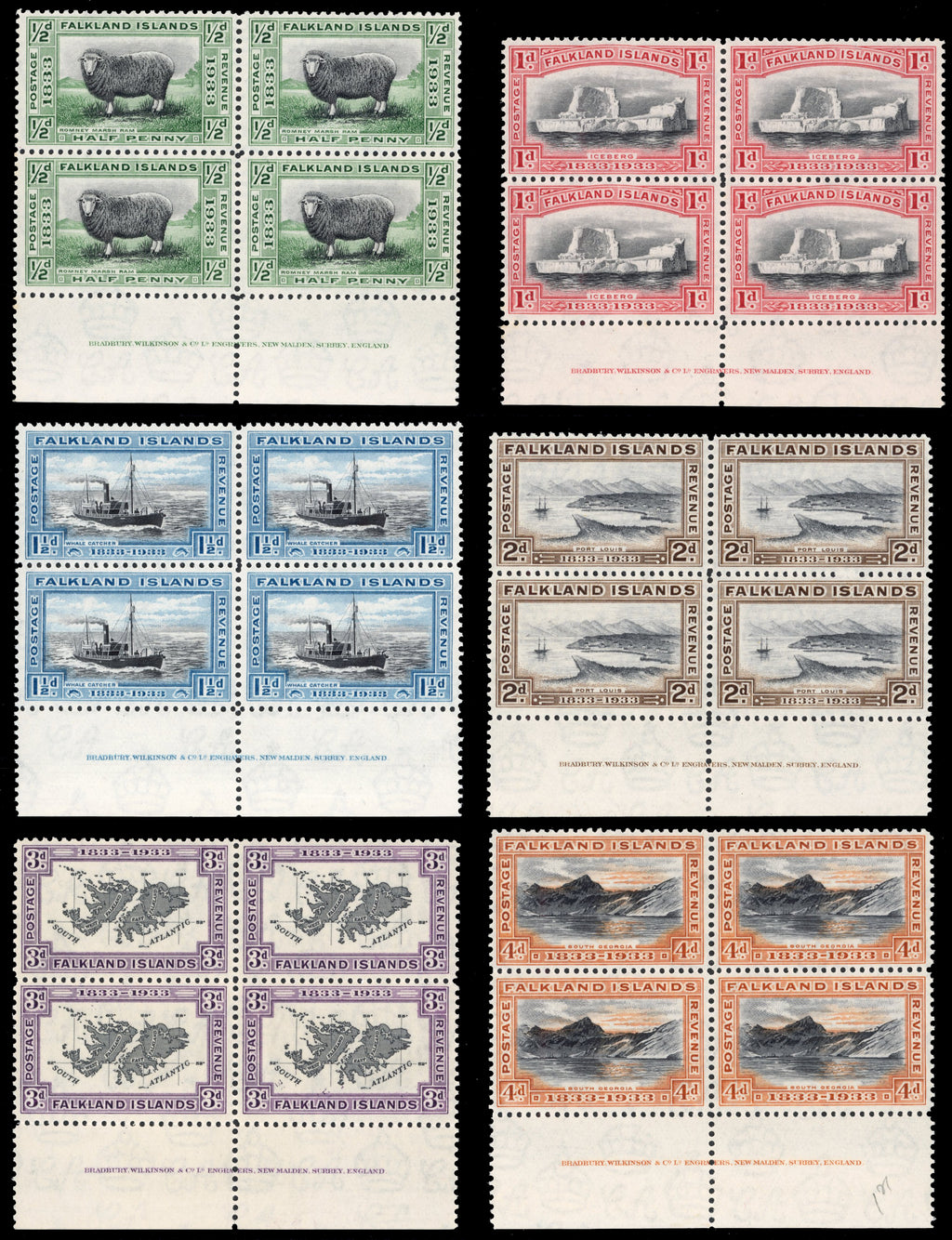 Falkland Islands SG 127/38 Mint 1933 Centenary set to 5s imprint blocks of 4