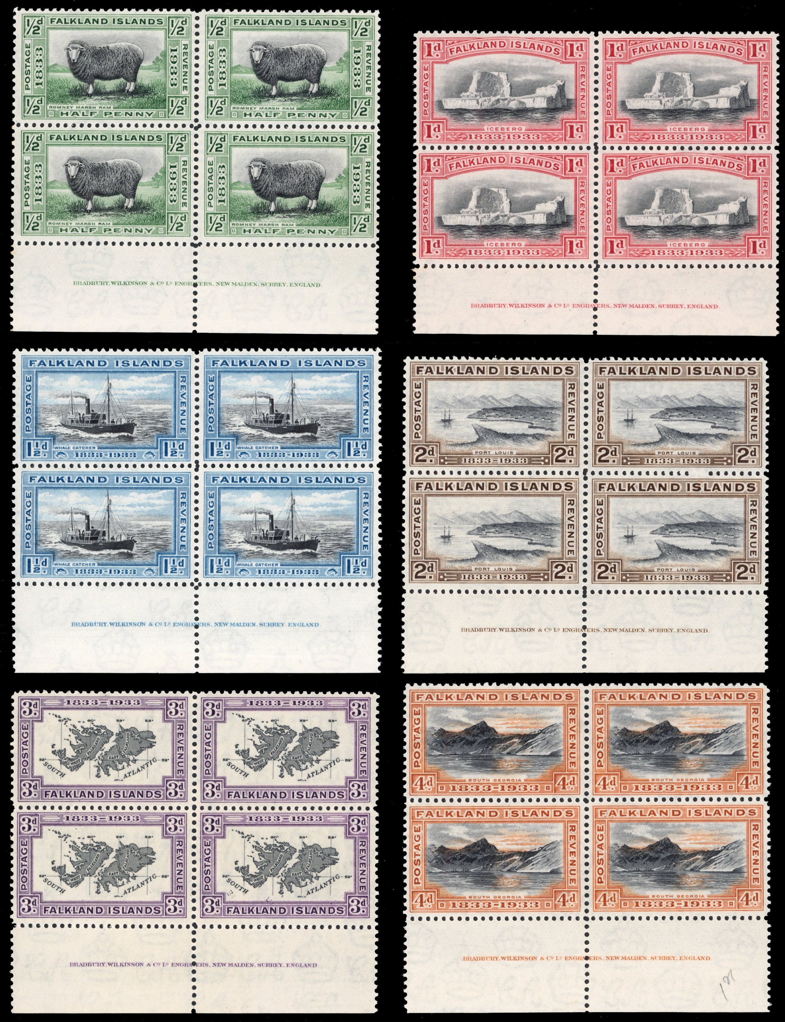 Falkland Islands SG 127/38 Mint 1933 Centenary set to 5s imprint blocks of 4