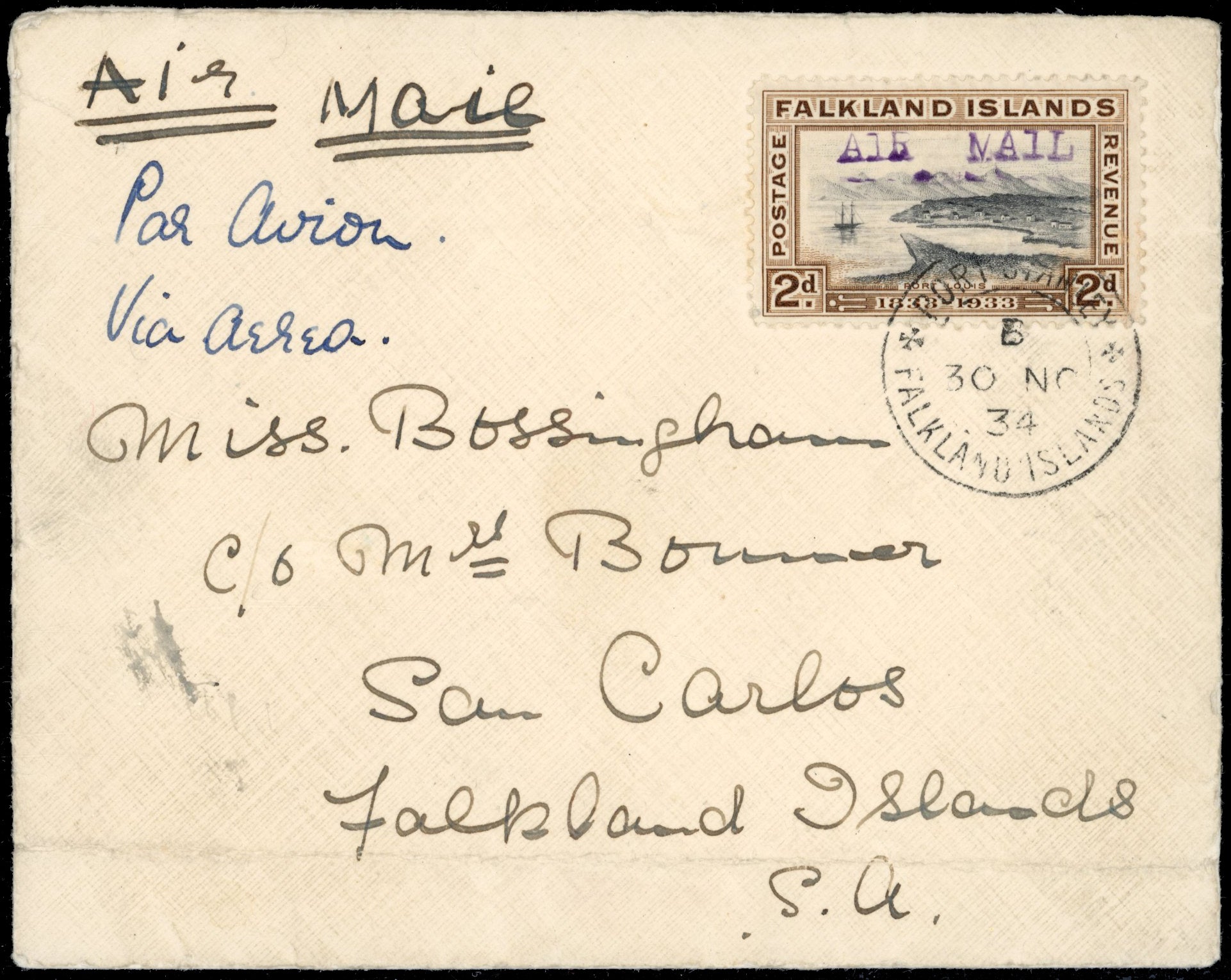 Falkland Islands SG 130 var Cover 1934 catapult mail from Port Stanley to Port Stephens
