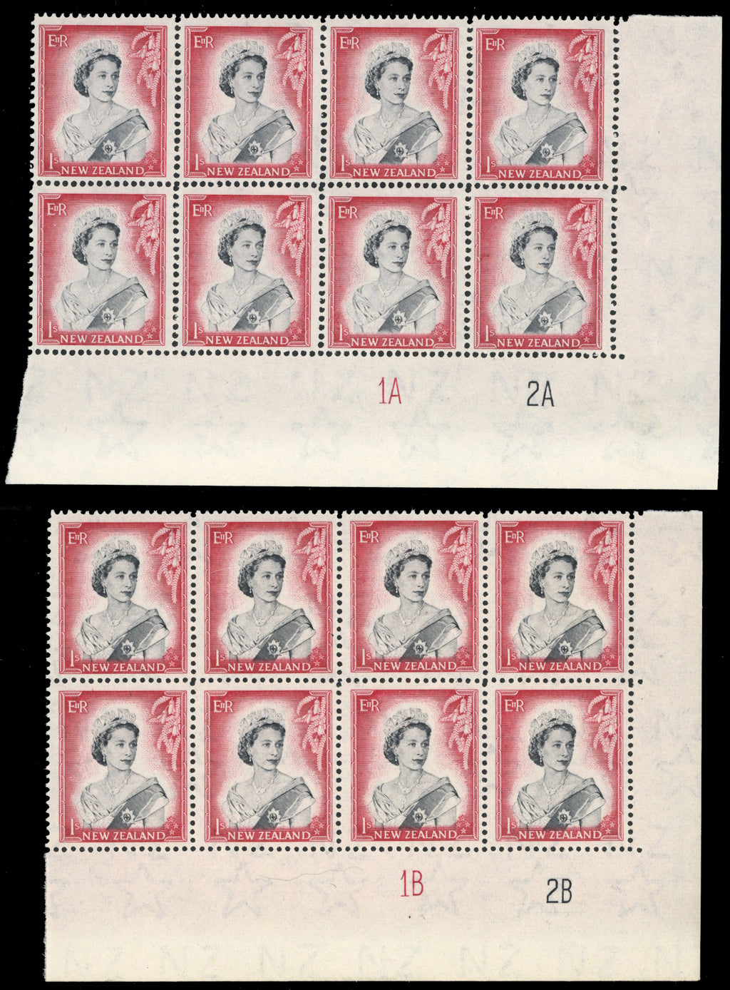 New Zealand SG 732 Unmounted Mint 1953-59 QEII 1s black and carmine-red plate blocks x2