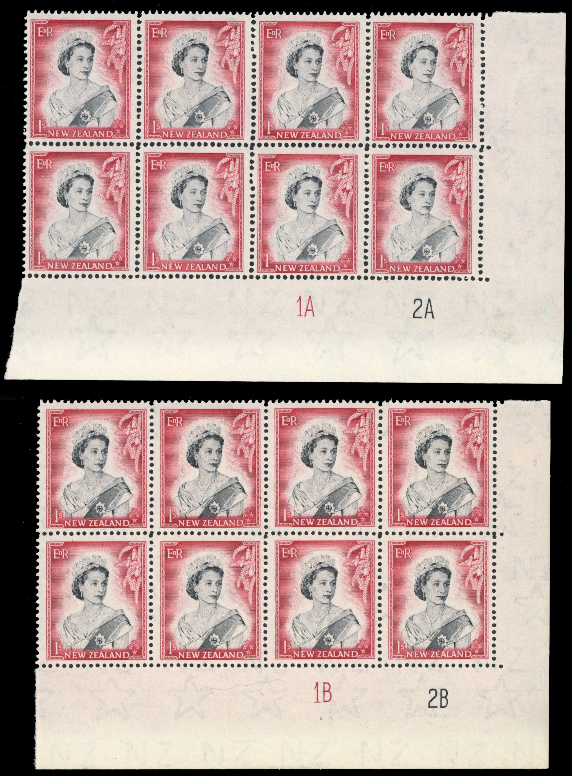New Zealand SG 732 Unmounted Mint 1953-59 QEII 1s black and carmine-red plate blocks x2