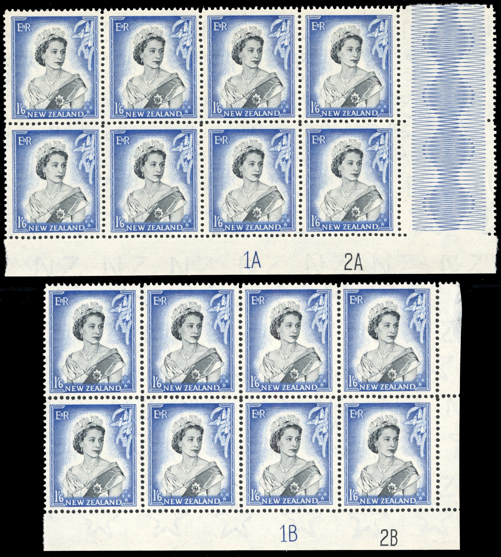 New Zealand SG 732 Unmounted Mint 1953-59 QEII 1s black and carmine-red plate blocks x2