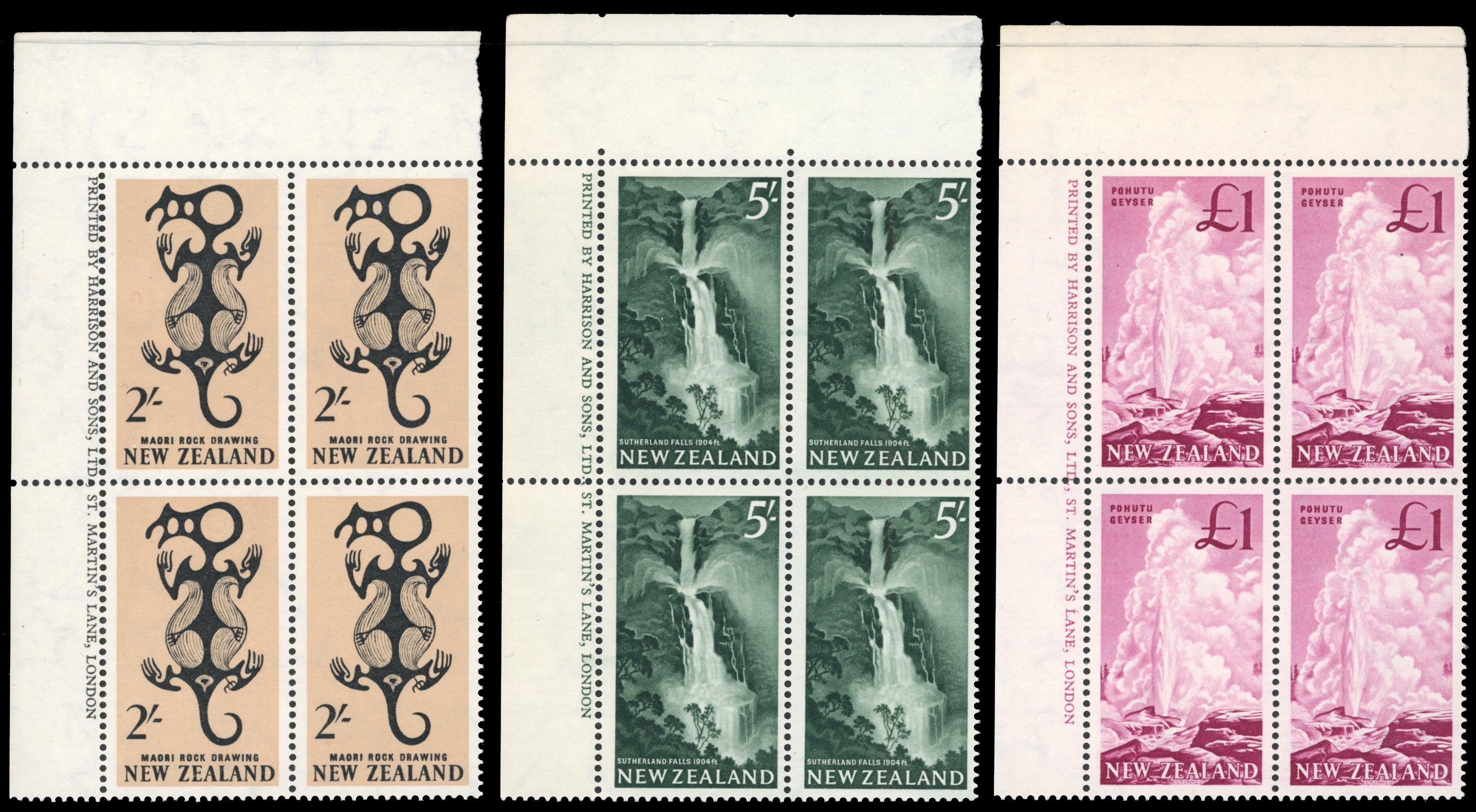 New Zealand SG 796, 800, 802 Unmounted Mint 1960-66 2s, 5s, £1 imprint blocks of 4