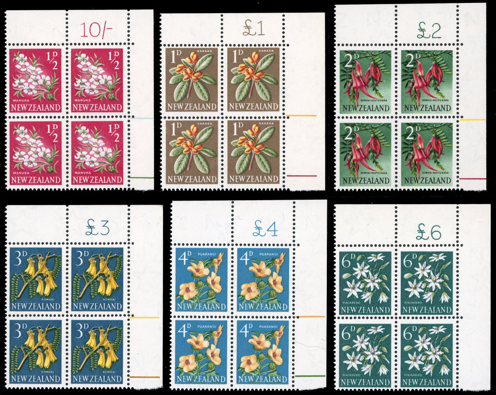 New Zealand SG 781/802 btwn Unmounted Mint 1960-66 range of 11 corner blocks with sheet value indicator