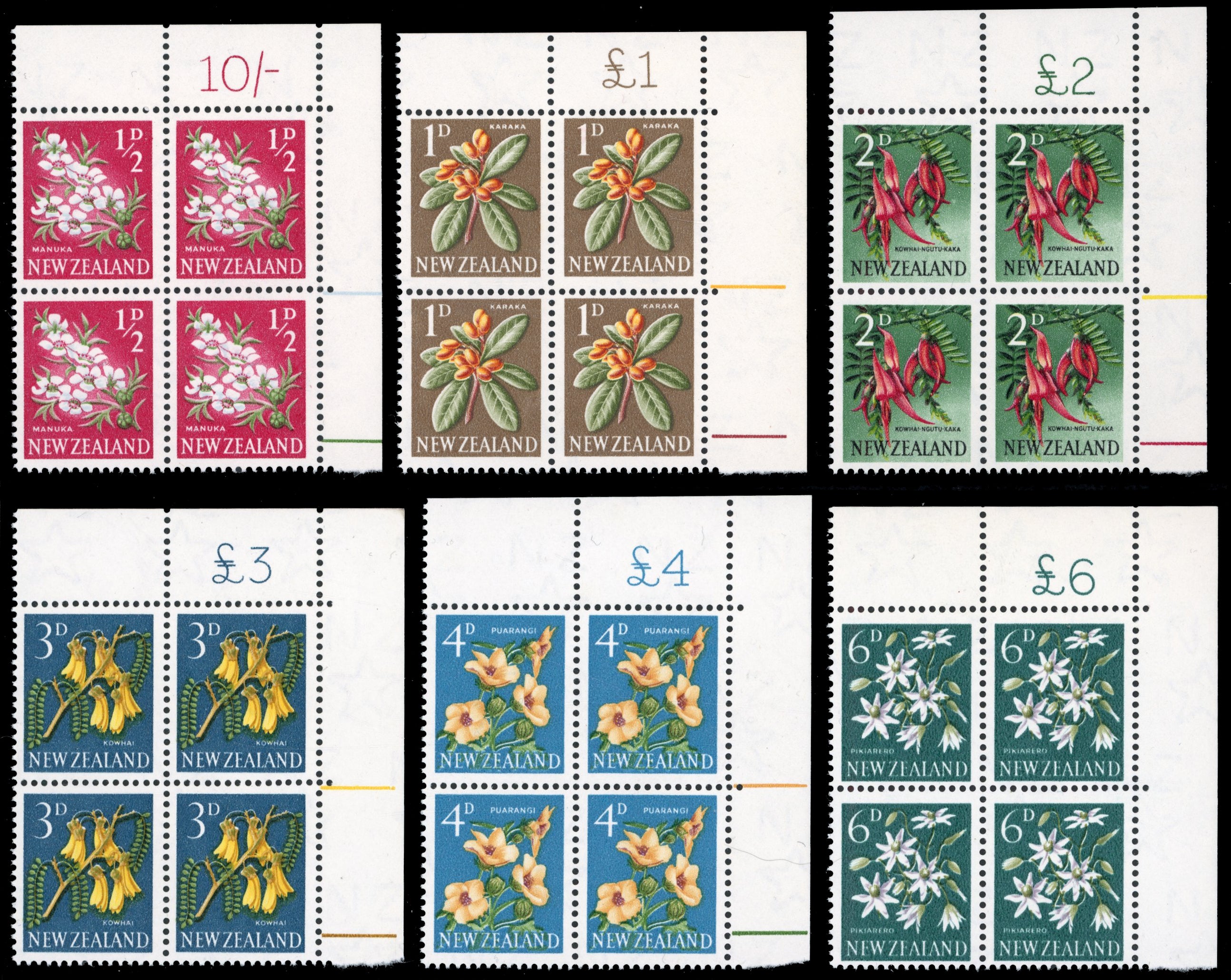 New Zealand SG 781/802 btwn Unmounted Mint 1960-66 range of 11 corner blocks with sheet value indicator