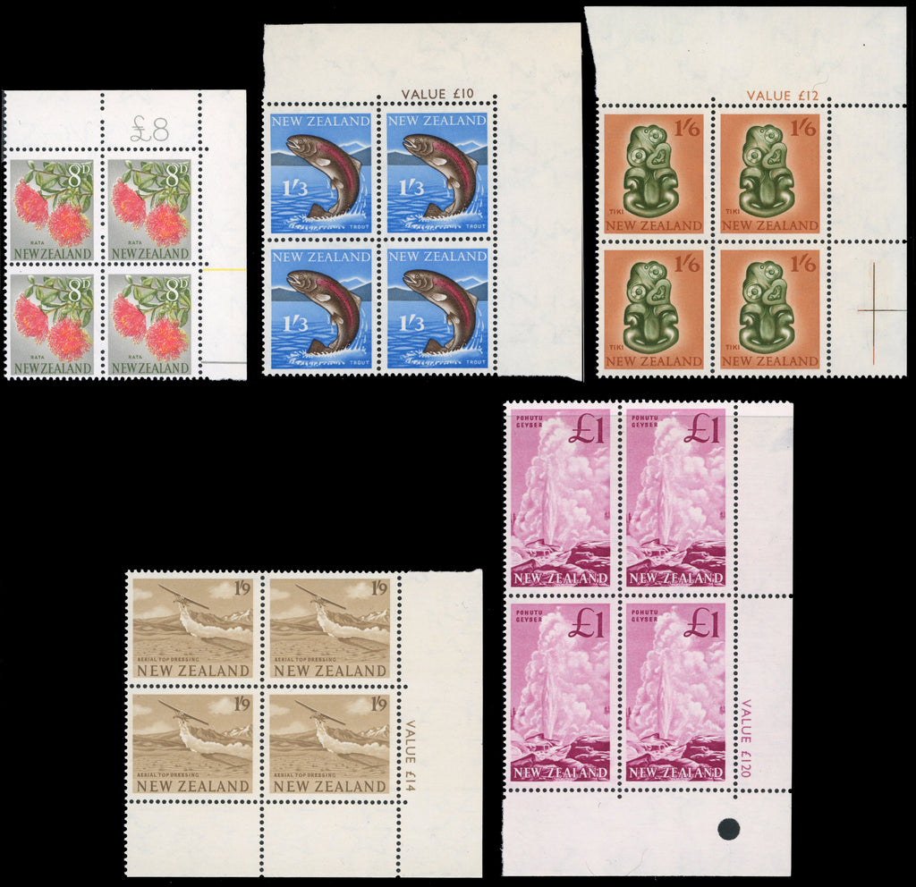New Zealand SG 781/802 btwn Unmounted Mint 1960-66 range of 11 corner blocks with sheet value indicator