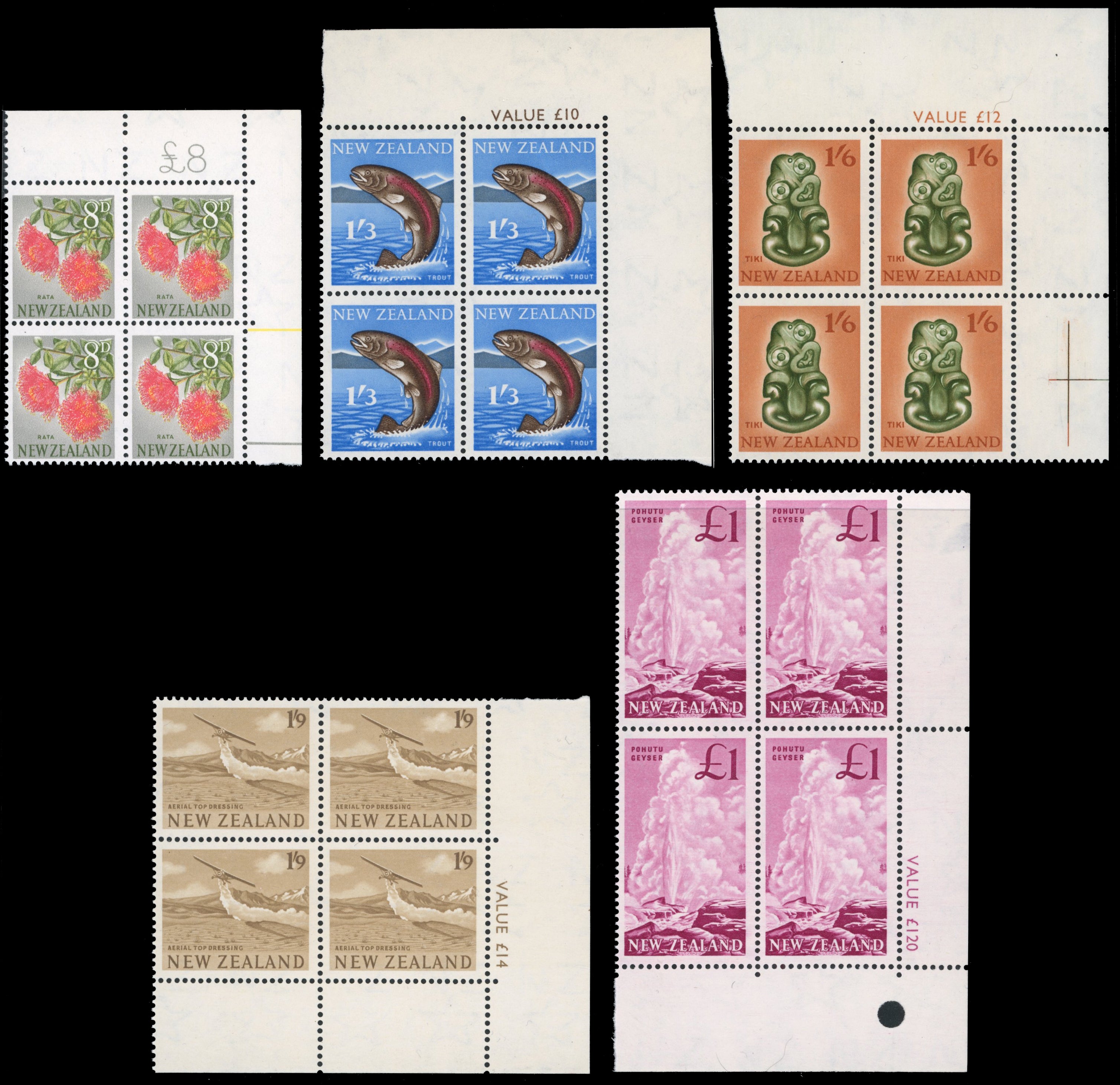 New Zealand SG 781/802 btwn Unmounted Mint 1960-66 range of 11 corner blocks with sheet value indicator