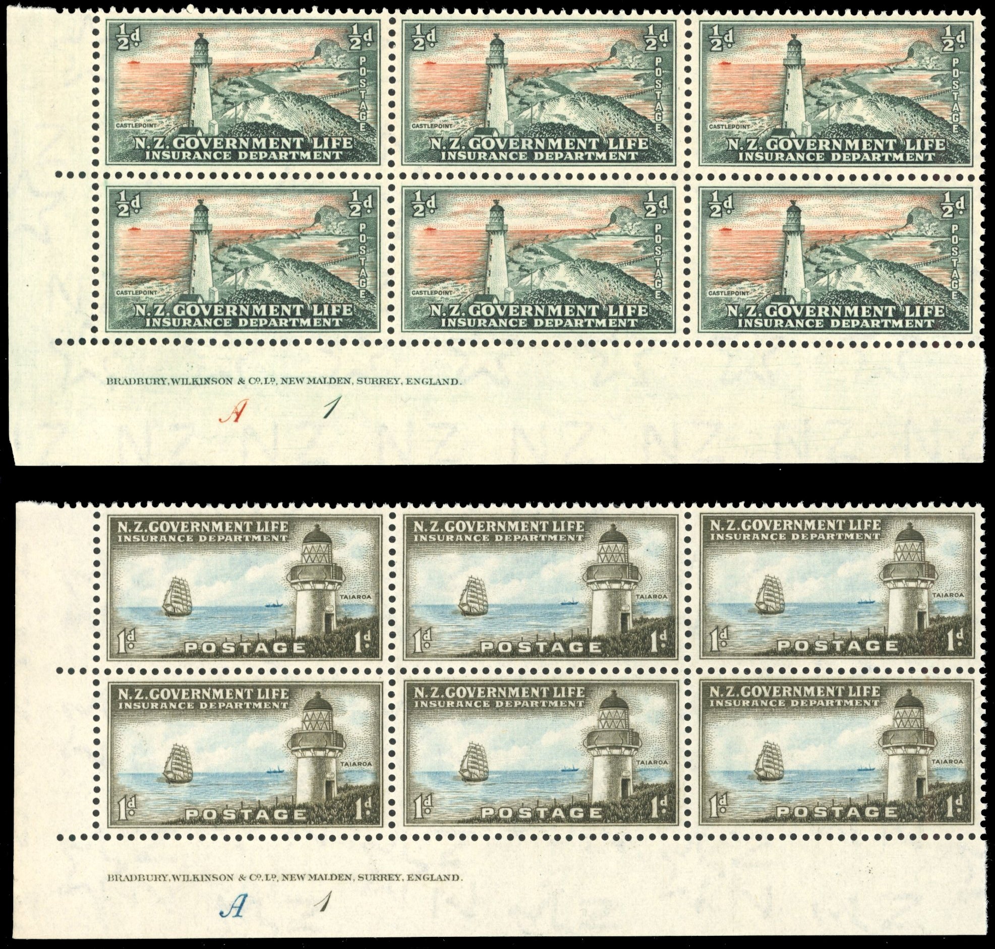 New Zealand SG L42/44, L46/49 Unmounted Mint 1947 Life Insurance set of 7 plate blocks