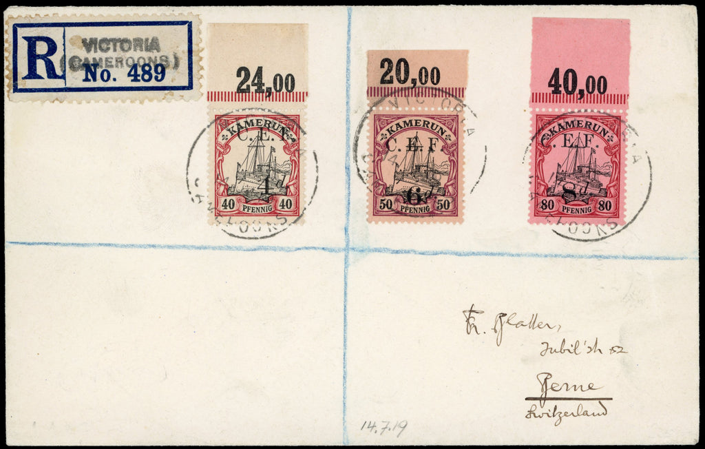 Cameroon SG B7/B9 1919 registered cover to Switzerland with 1915 4d on 40pf, 6d on 50pf, 8d on 80pf C.E.F.