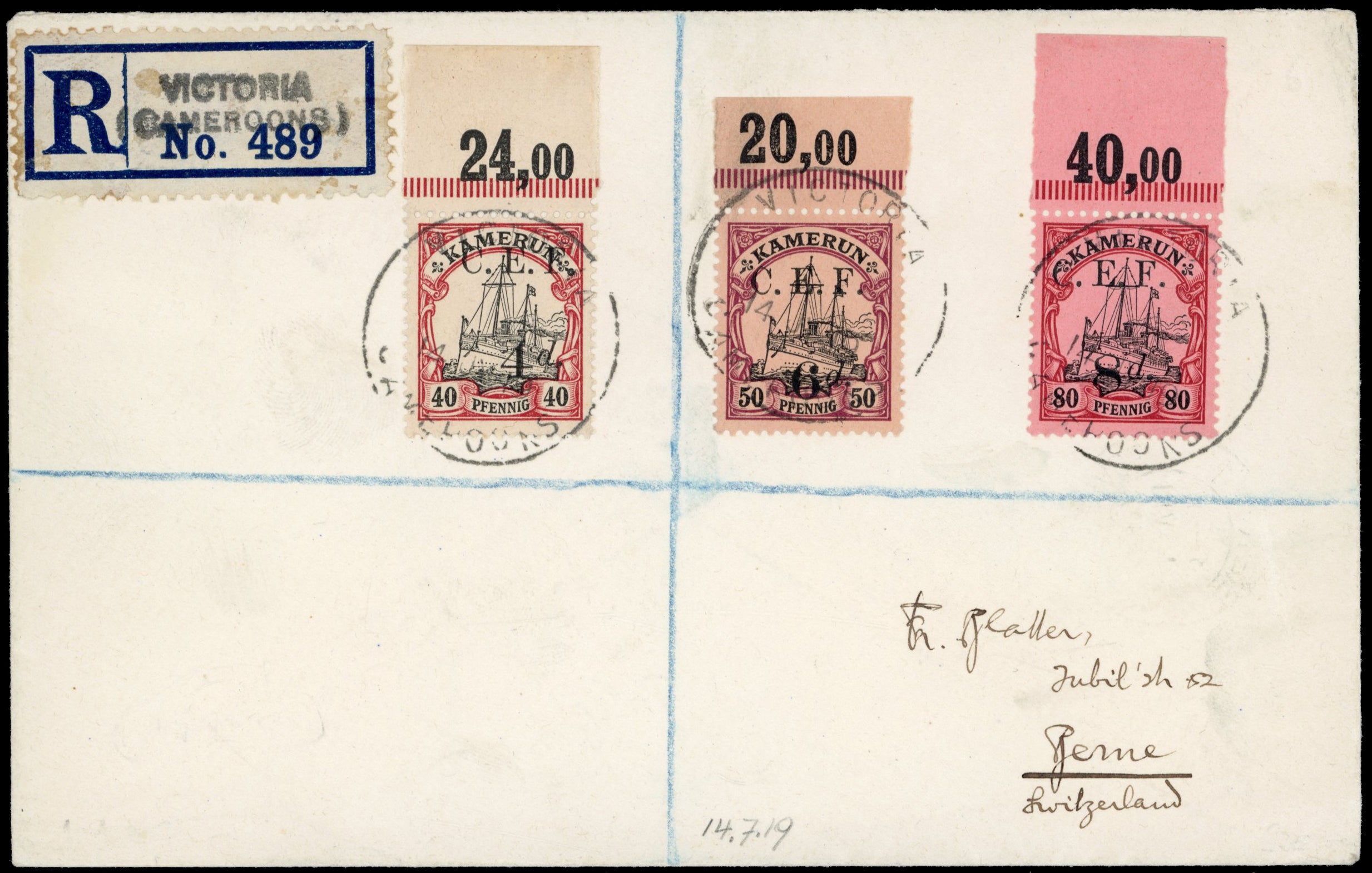 Cameroon SG B7/B9 1919 registered cover to Switzerland with 1915 4d on 40pf, 6d on 50pf, 8d on 80pf C.E.F.