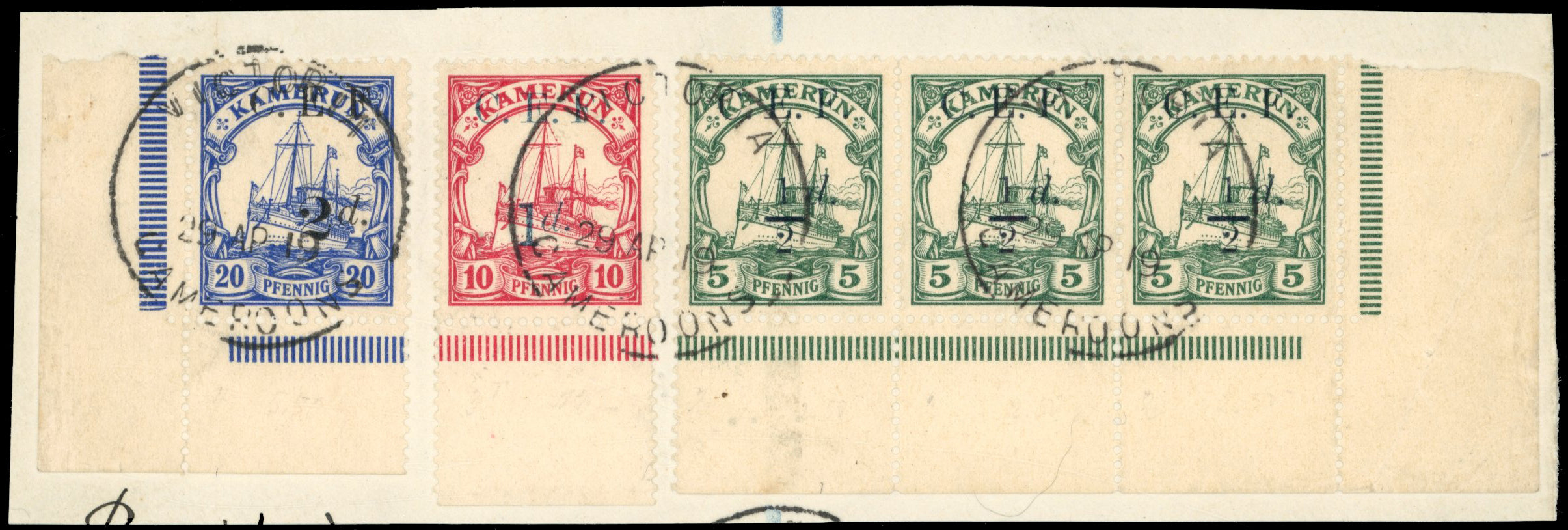 Cameroon SG B2a, B3/B4 Used 1915 Expeditionary Force ½d on 5pf C.E.F. variety different fount d