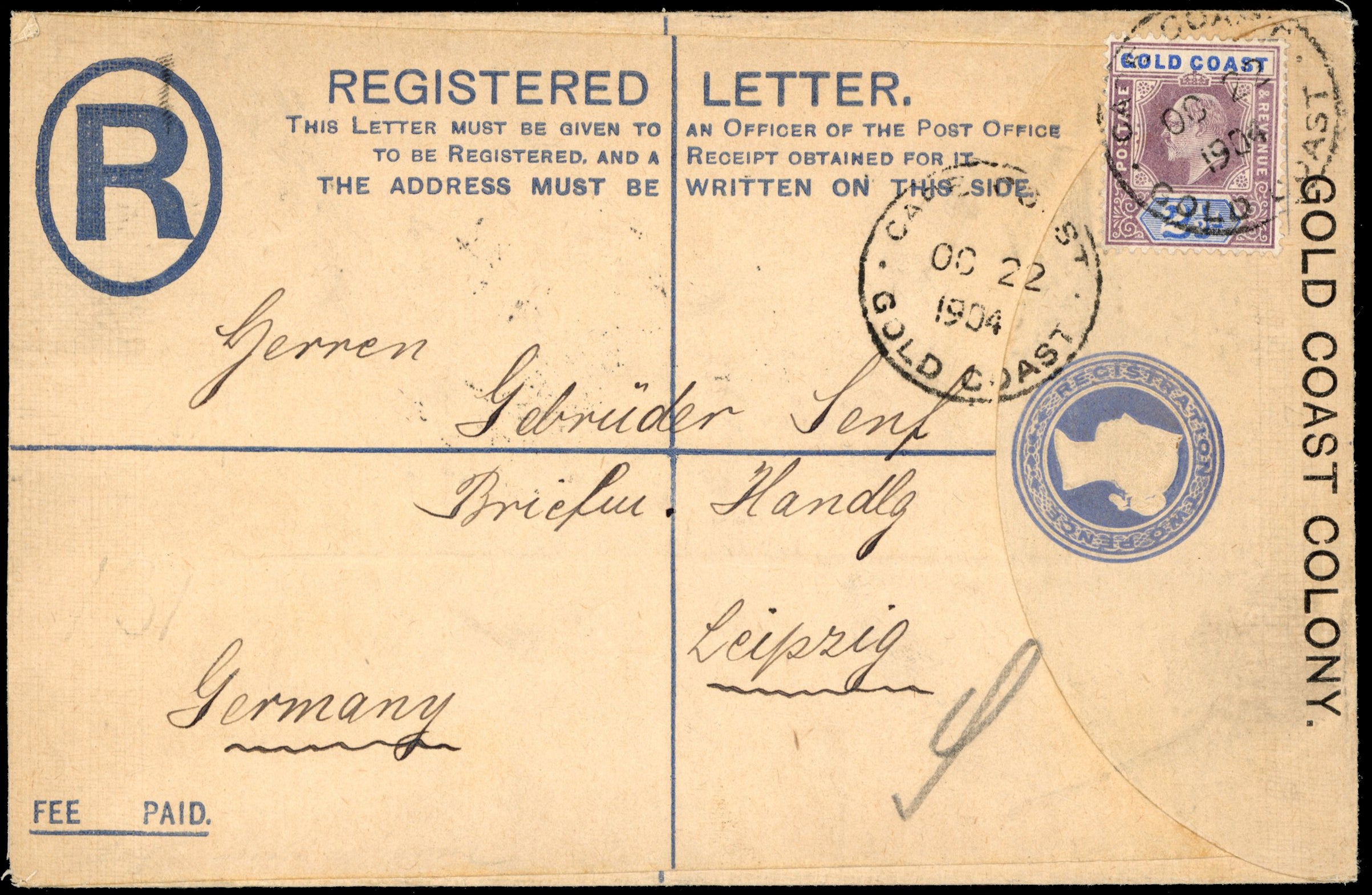 Gold Coast SG 41 Cover 1904 registered postal stationery envelope used to Germany