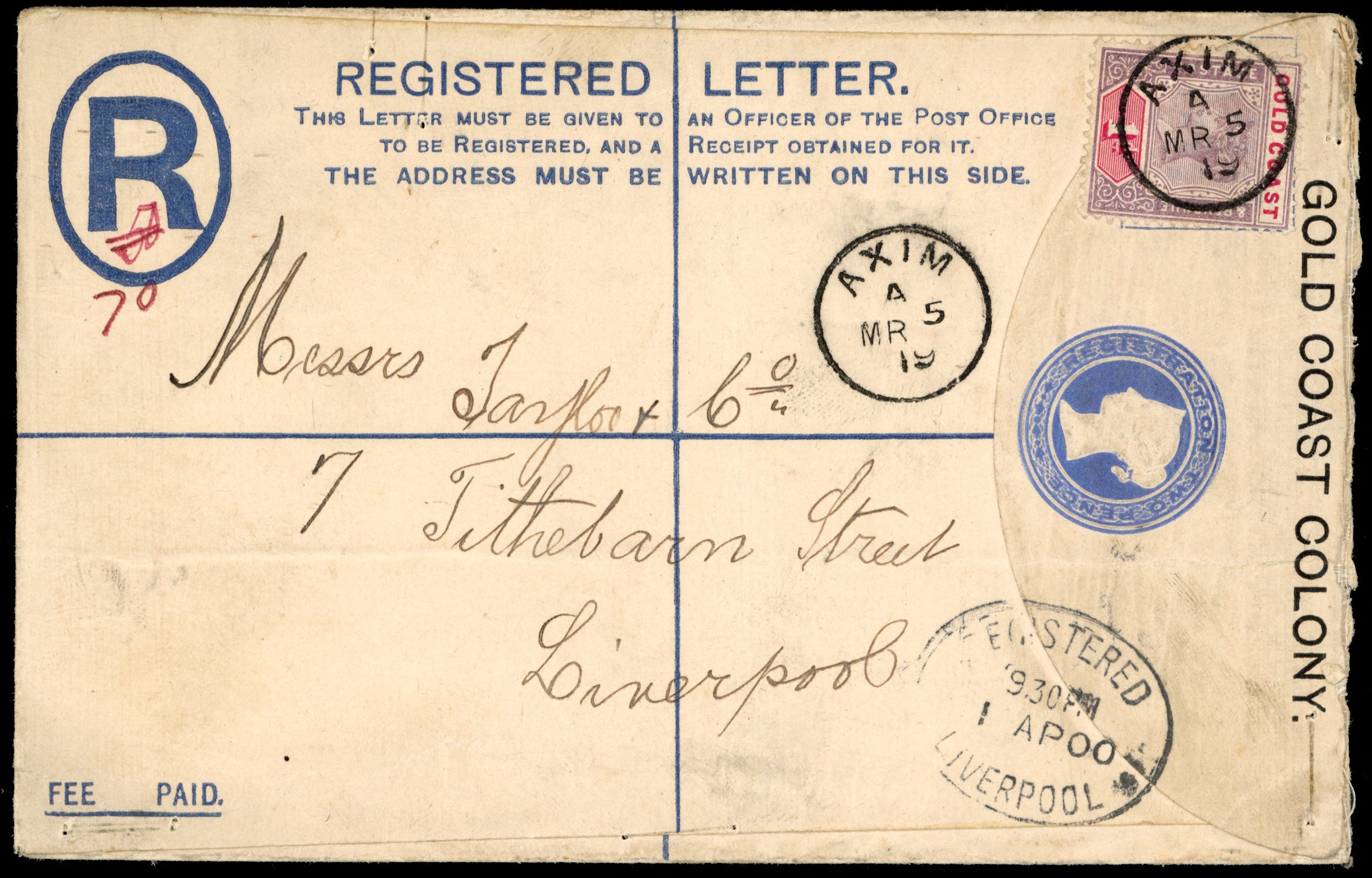 Gold Coast SG 27 Cover 1900 registered postal stationery envelope used to England