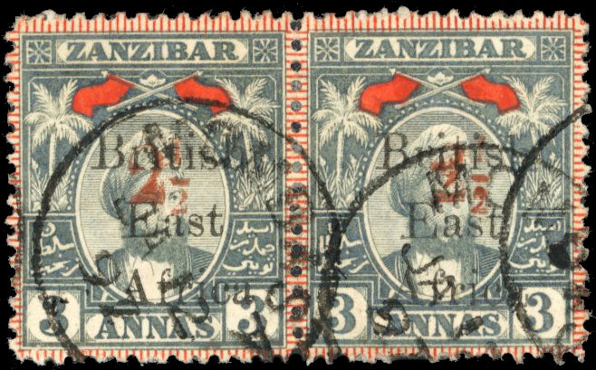 British East Africa SG 89 Used 1897 2½ on Zanzibar 3a grey and red