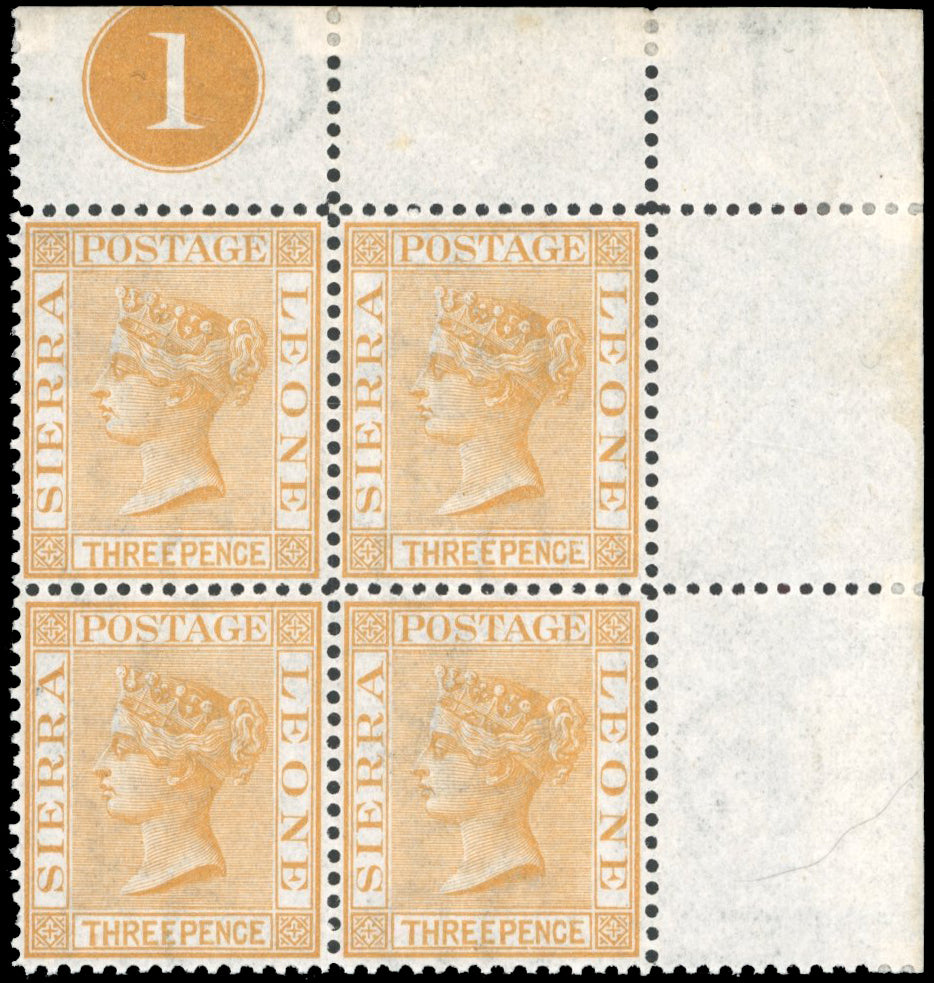 Sierra Leone SG 20 Mint 1876 3d buff plate block of 4