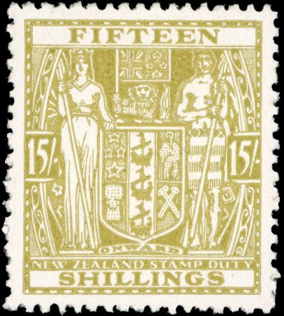 New Zealand SG F178 Mint 1936-39 Arms postal fiscal 15s sage-green single watermark