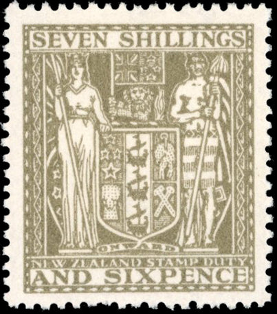 New Zealand SG F185 Mint 1940 Arms postal fiscal 7s6d olive-grey single watermark