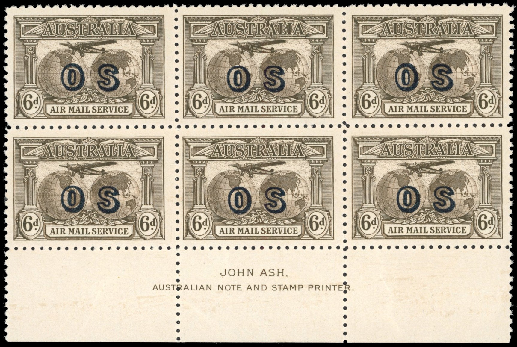 Australia SG 139a var Unmounted Mint 1931 Air 6d overprinted OS imprint block