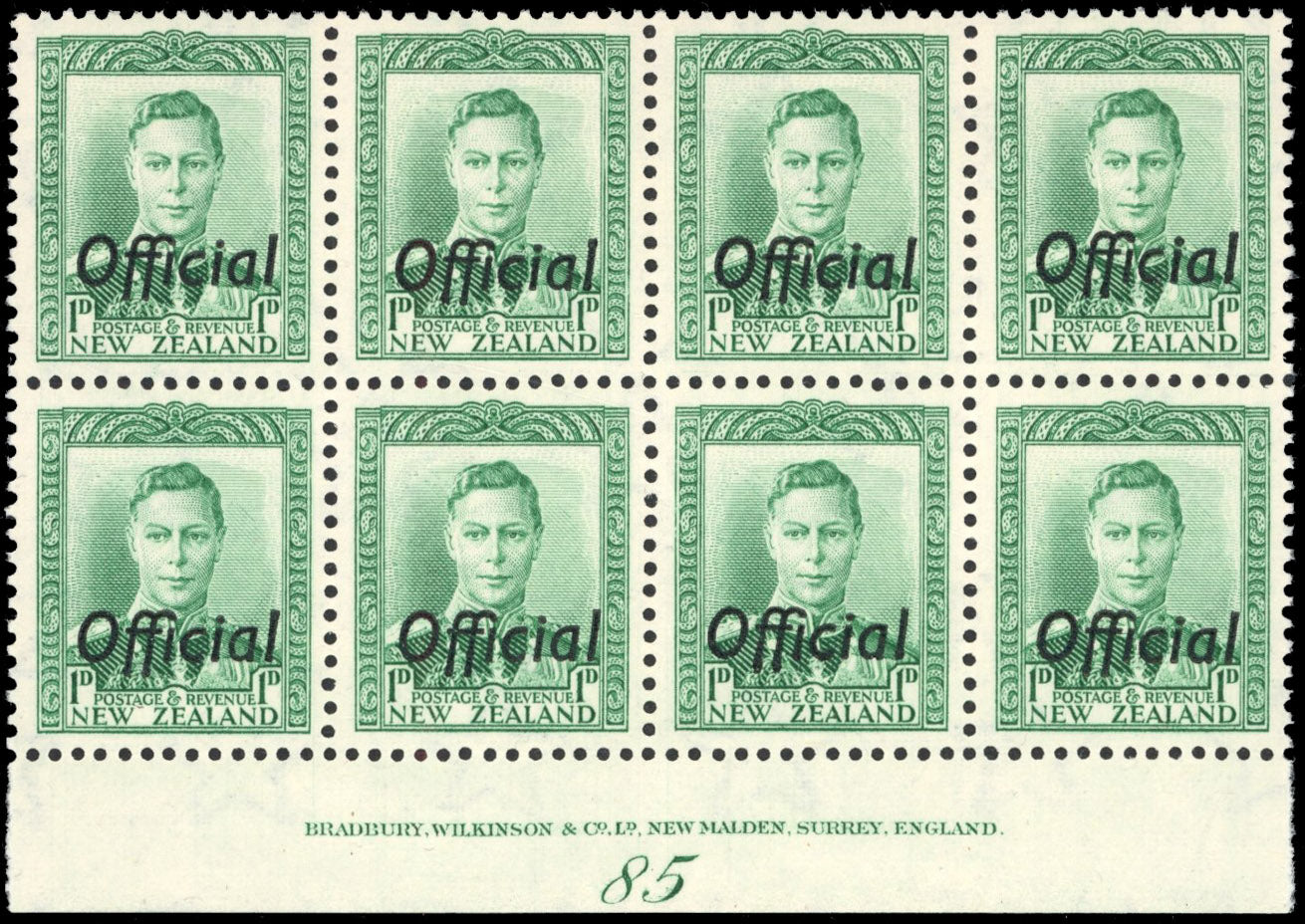 New Zealand SG O134 Mint 1938-51 KGVI official 1d green plate block 85