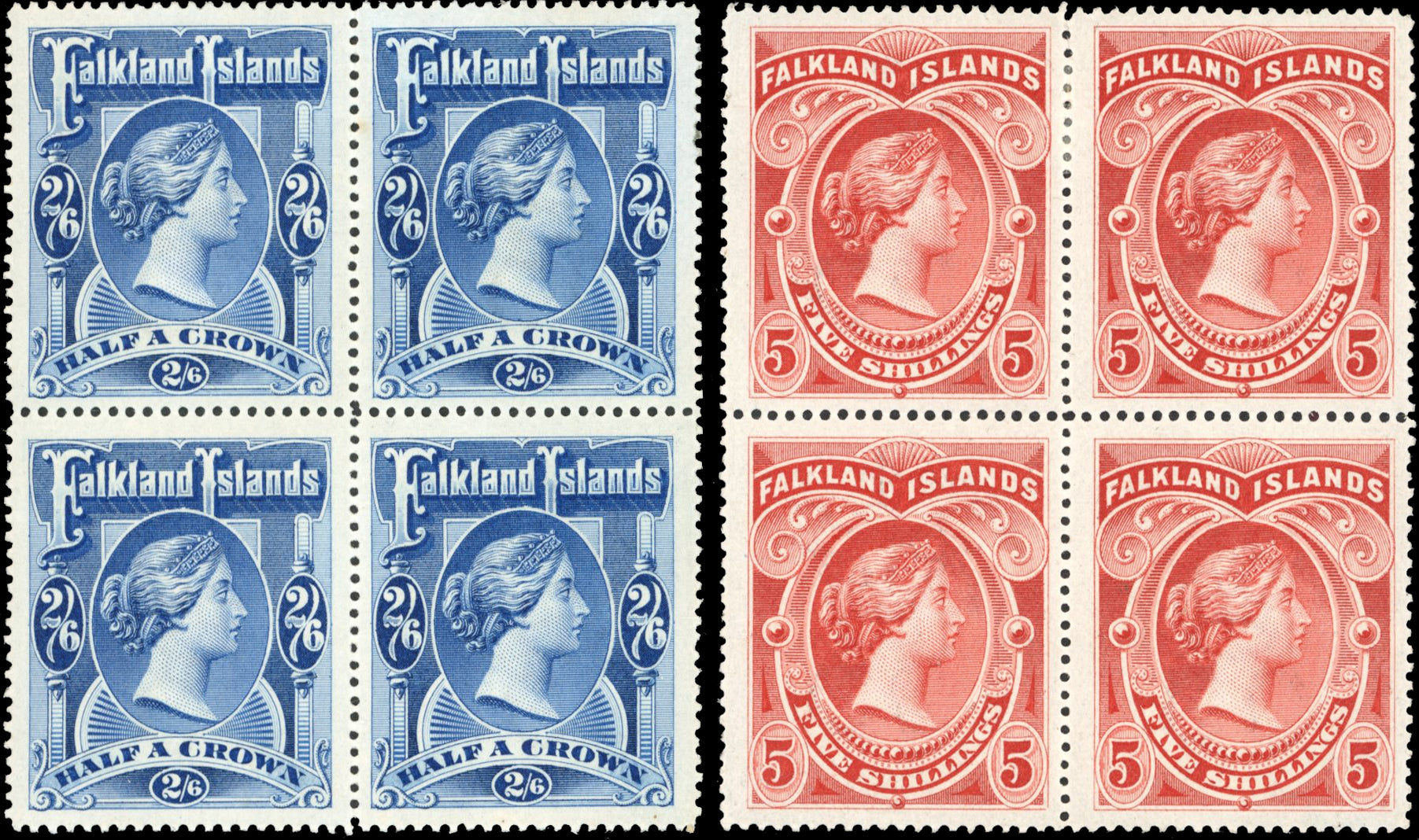 Falkland Islands SG 41/42 Mint 1898 2s6d and 5s blocks of 4