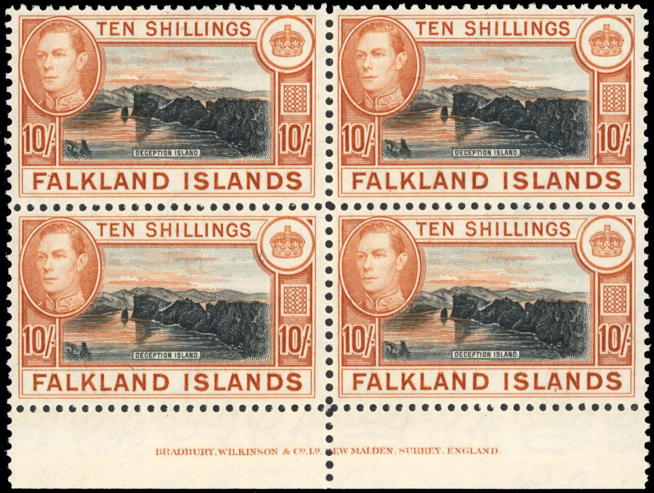 Falkland Islands SG 162 Unmounted Mint 1938-50 10s black and orange-brown imprint block