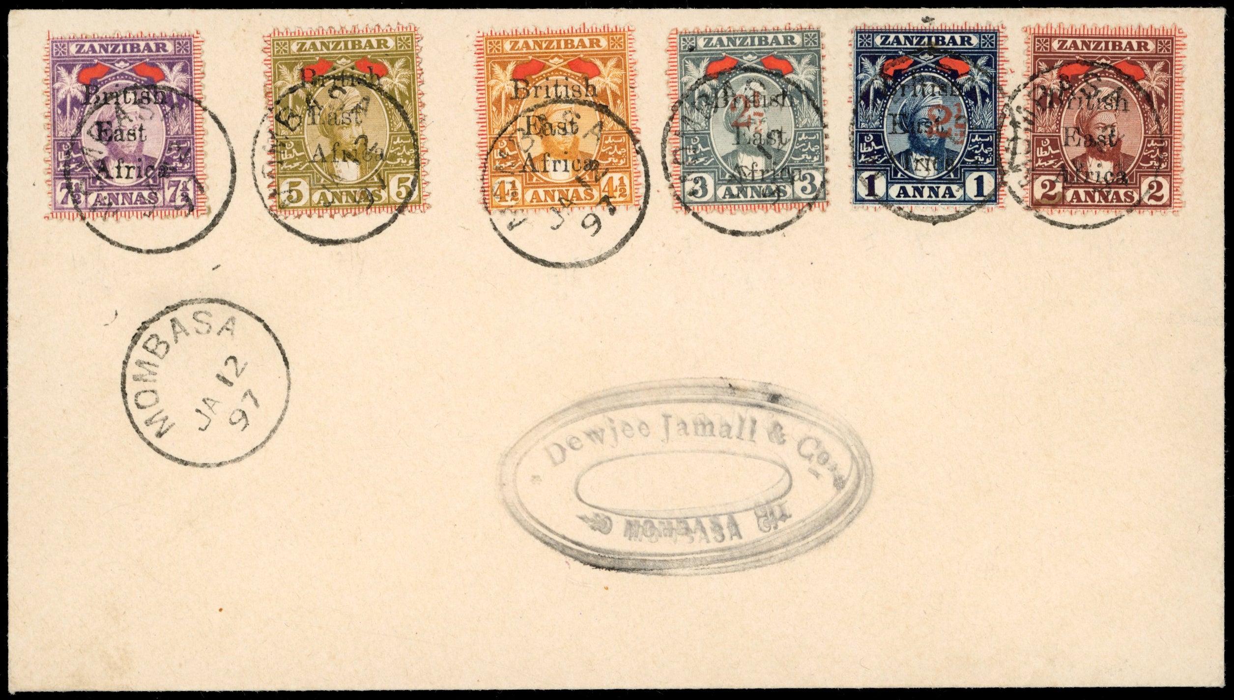British East Africa SG 82/85, 88, 89 1897 cover with overprints on Zanzibar