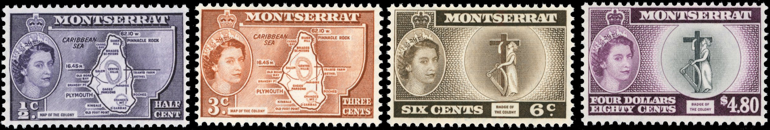 Montserrat SG 136b/149a Unmounted Mint 1953-62 ½c, 3c, 6c, $4.80 with type II COLONY inscriptions