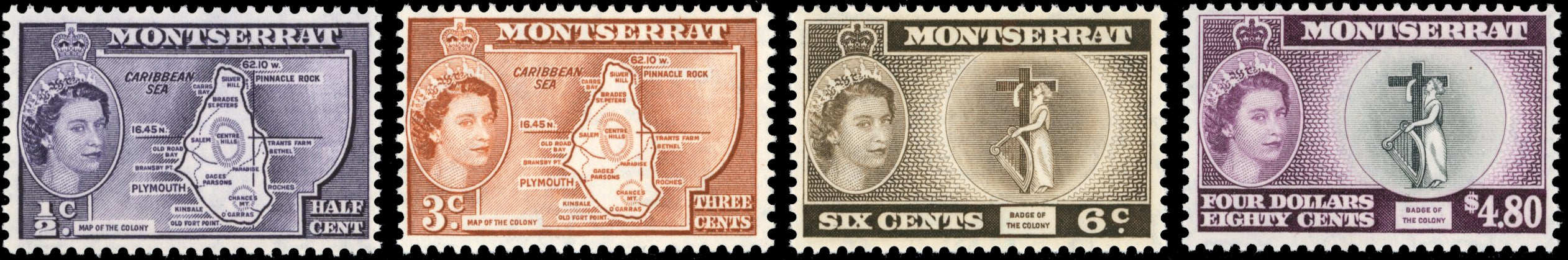 Montserrat SG 136b/149a Unmounted Mint 1953-62 ½c, 3c, 6c, $4.80 with type II COLONY inscriptions