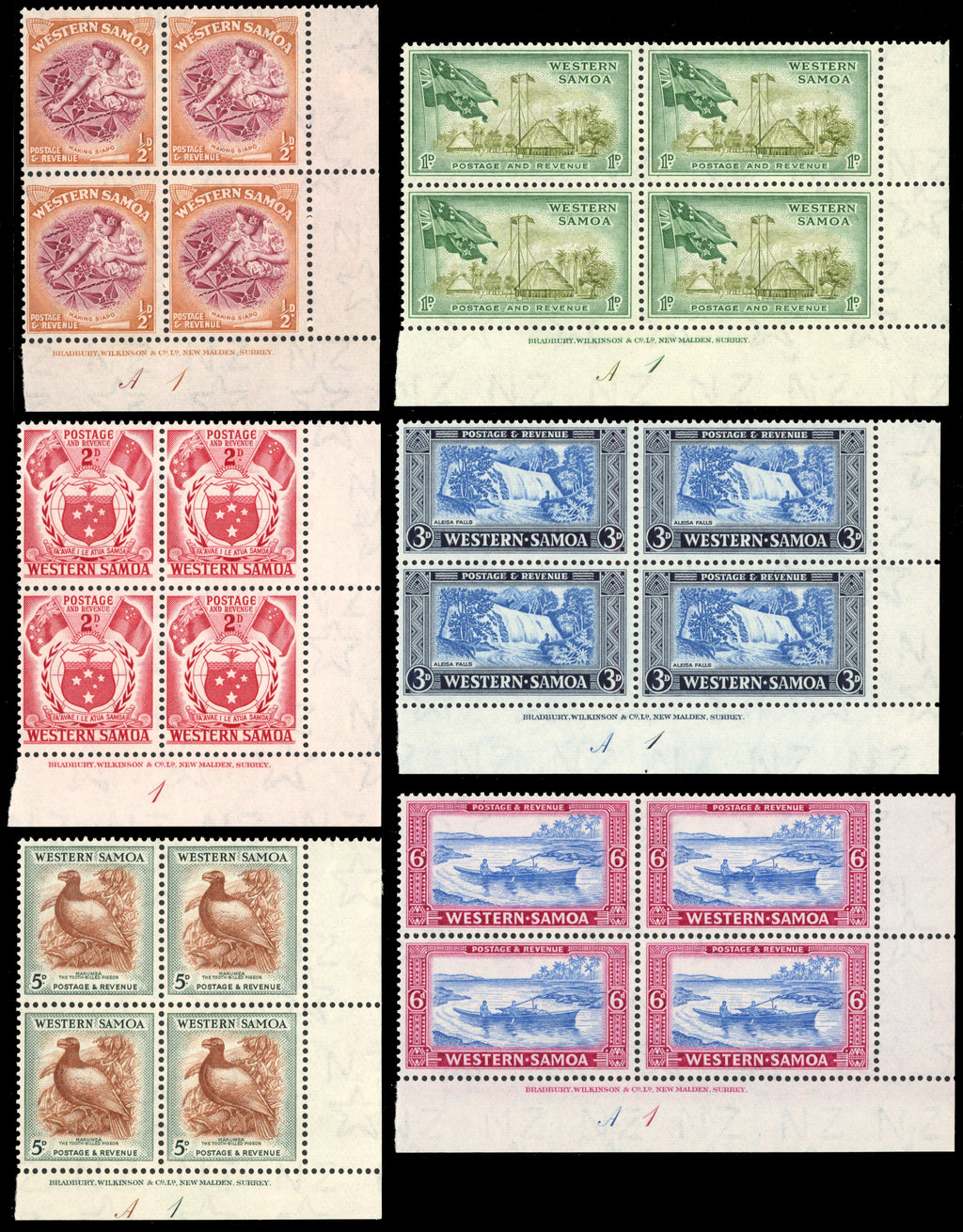 Samoa SG 219/228 Unmounted Mint 1952 set of 10 imprint and plate number blocks of 4