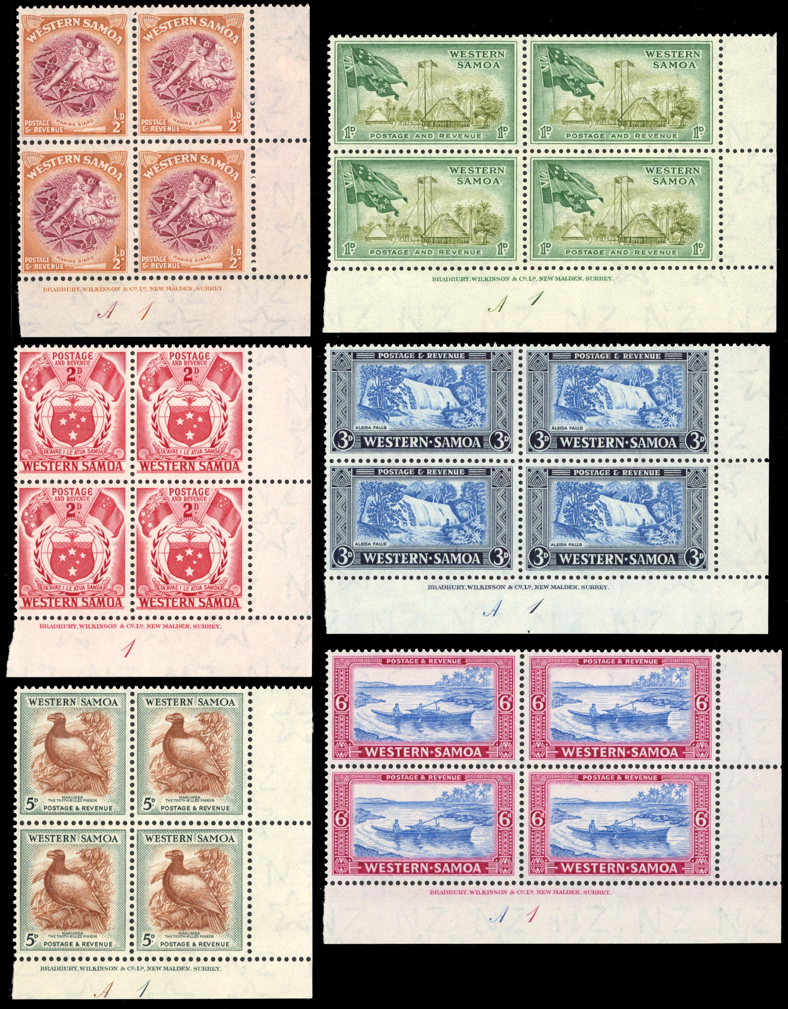 Samoa SG 219/228 Unmounted Mint 1952 set of 10 imprint and plate number blocks of 4